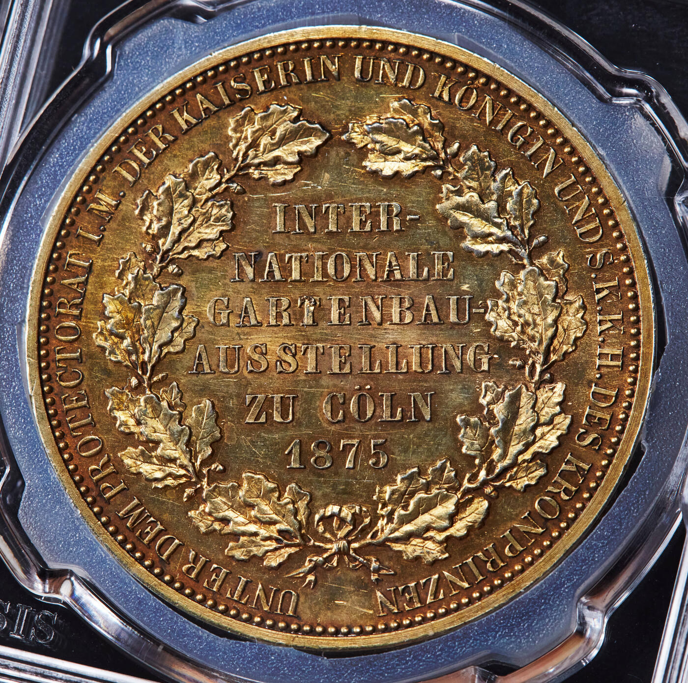 【俄甄集藏】2026年(046)01-07 星期三 晚 19:30 全场包邮 德国1875年纪念科隆国际园艺博览会镀金大铜章，信泰 MS64，设计精美，底板凝霜，金水足，标签错误