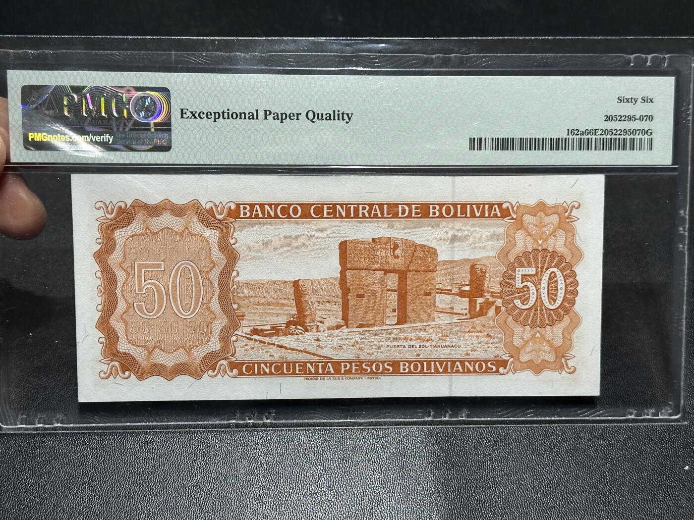 《外钞收藏家》第五百九十九期（畅拍场）（本平台长期征集拍品、欢迎藏友们联系合作） 1962年玻利维亚50比索 PMG66 无47靓号