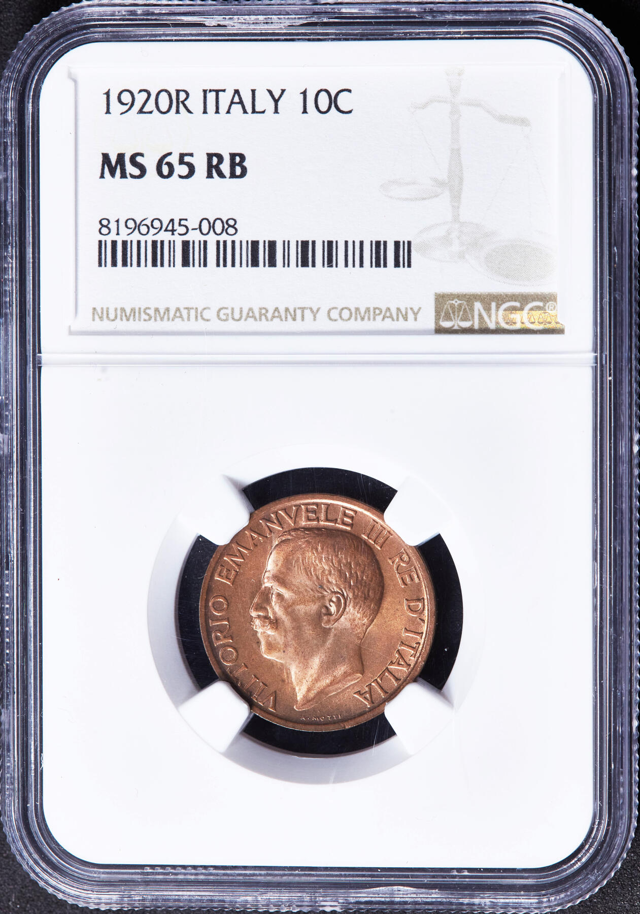 【俄甄集藏】2026年(046)01-07 星期三 晚 19:30 全场包邮 意大利1920年R版伊曼纽尔三世蜜蜂10分铜币，NGC MS65RB，原铜光闪闪，转光品相，钱币史上十分经典的设计，热门品种