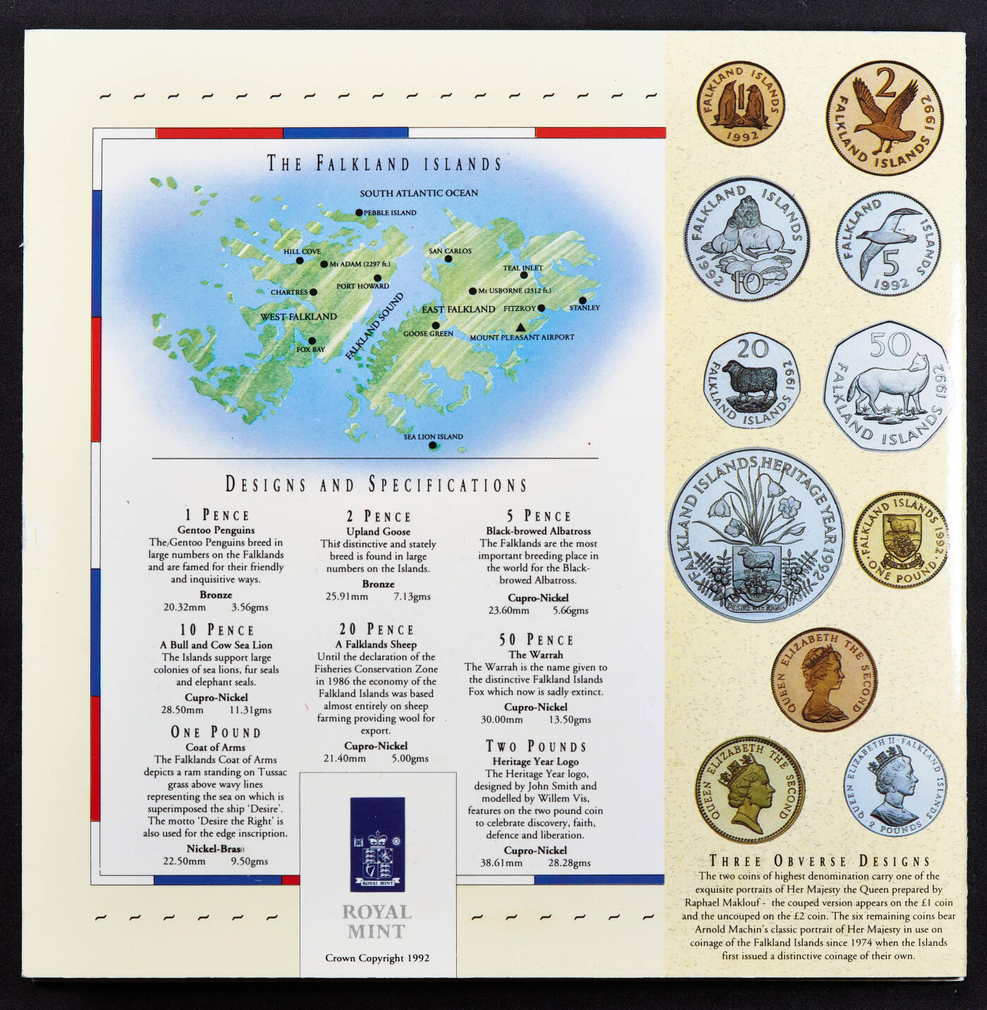 【俄甄集藏】2026年(046)01-07 星期三 晚 19:30 全场包邮 英属福克兰群岛1992年1便士-2镑册装硬币8枚全套，全新品相，稀少品种