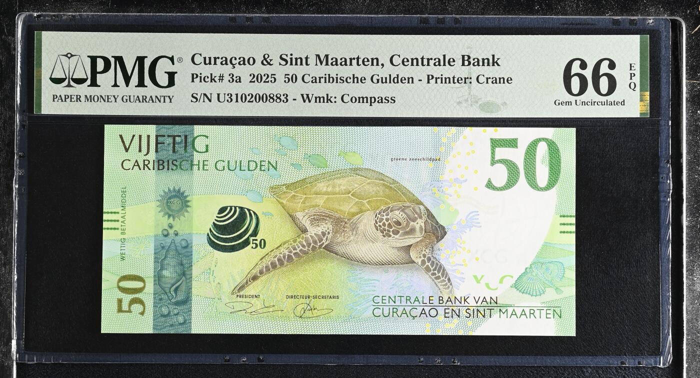 《艾美收藏》第227期-1.3周六外币黄金场-马年首拍 库拉索和圣马丁2025年首发U3冠50盾PMG66E无47 大海龟