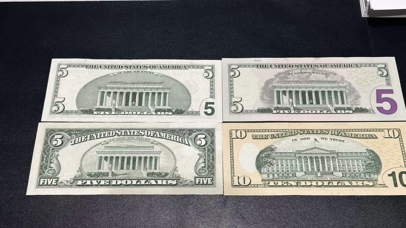 《外钞收藏家》第五百九十九期（畅拍场）（本平台长期征集拍品、欢迎藏友们联系合作） 美国彩版5和10全新+大头5UNC-、小头5美元AU 一起