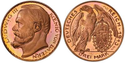博洋堂“岁启嘉年”2026新年精品大拍专场暨第155期（全场包邮） - PCGS SP66RD N、P双料唯一冠军分，PCGS封面币 1911年德国巴伐利亚3马克铜样币。卡尔哥茨代表作，最经典的样币之一。非常英武的设计，路德维希三世的人像设计也是别具一格，这个品种常见PF，给SP标签极其难得。从状态上来说这枚虽历经百年、两次世界大战的洗礼，但是保存上比很多现代币要强，这个RD玩的都知道在这个品种中有多难得