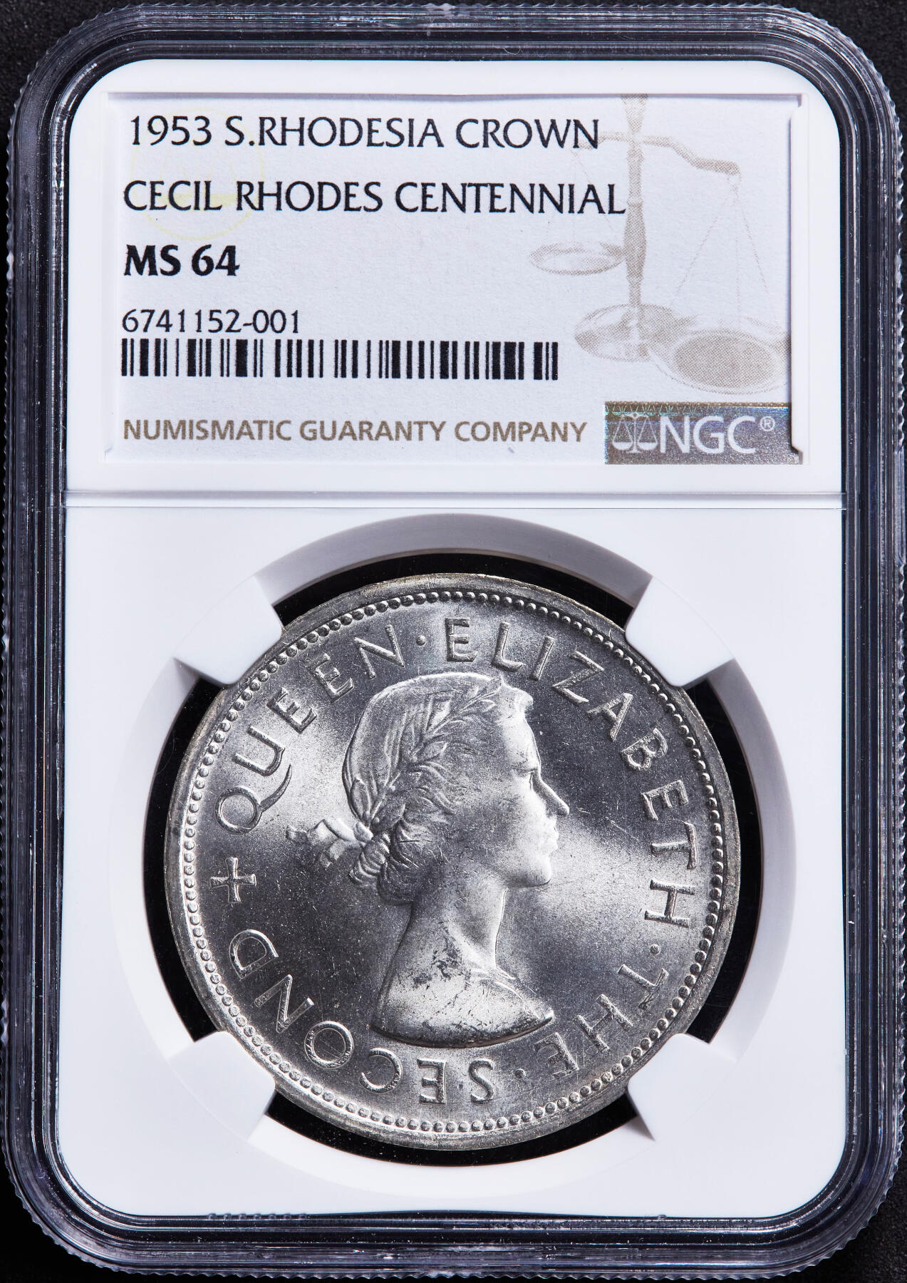 【俄甄集藏】2026年(046)01-07 星期三 晚 19:30 全场包邮 英属南罗德西亚1953年伊丽莎白二世纪念殖民者、金融家、政治家塞西尔·约翰·罗兹诞辰百年1克朗大银币，NGC MS64，经典品种，重28.28克，50%银