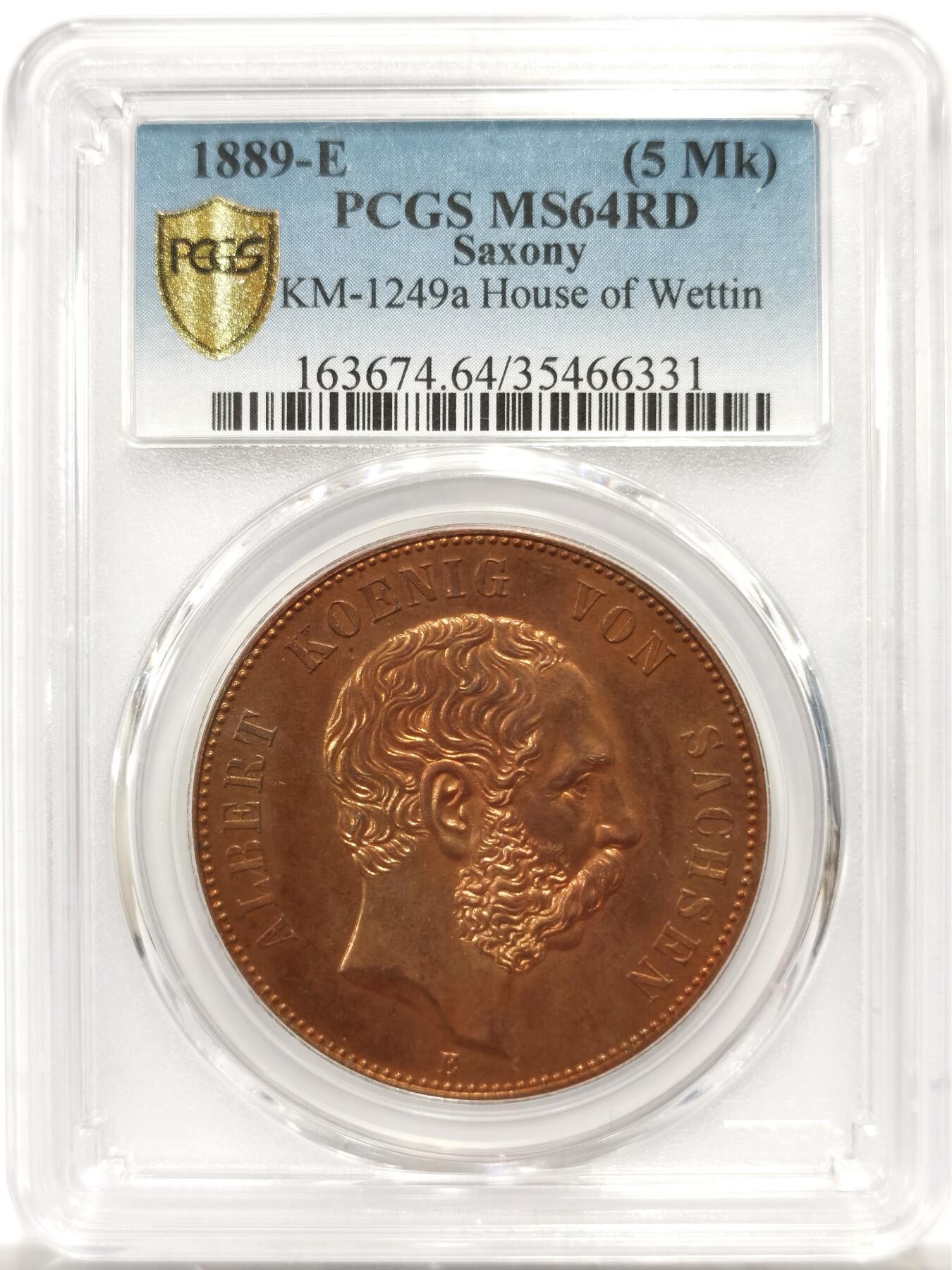 博洋堂“岁启嘉年”2026新年精品大拍专场暨第155期（全场包邮） PCGS MS64RD N、P双料冠军分 1889E德国萨克森阿尔伯特加冕暨萨克森韦廷王朝建立800周年纪念5马克铜币 极罕见的名誉品种，迄今为止这个品种仅见的一枚RD 常见多经过充分氧化，满铜光状态极为难得。韦廷王朝起源于萨克森安哈尔特的韦廷镇，由当时的迈森蕃侯于1089年创立，它是后来著名的萨克森-科堡-哥达王朝的父系祖先。近年来暴涨的品种，国内现货唯一冠军分数！