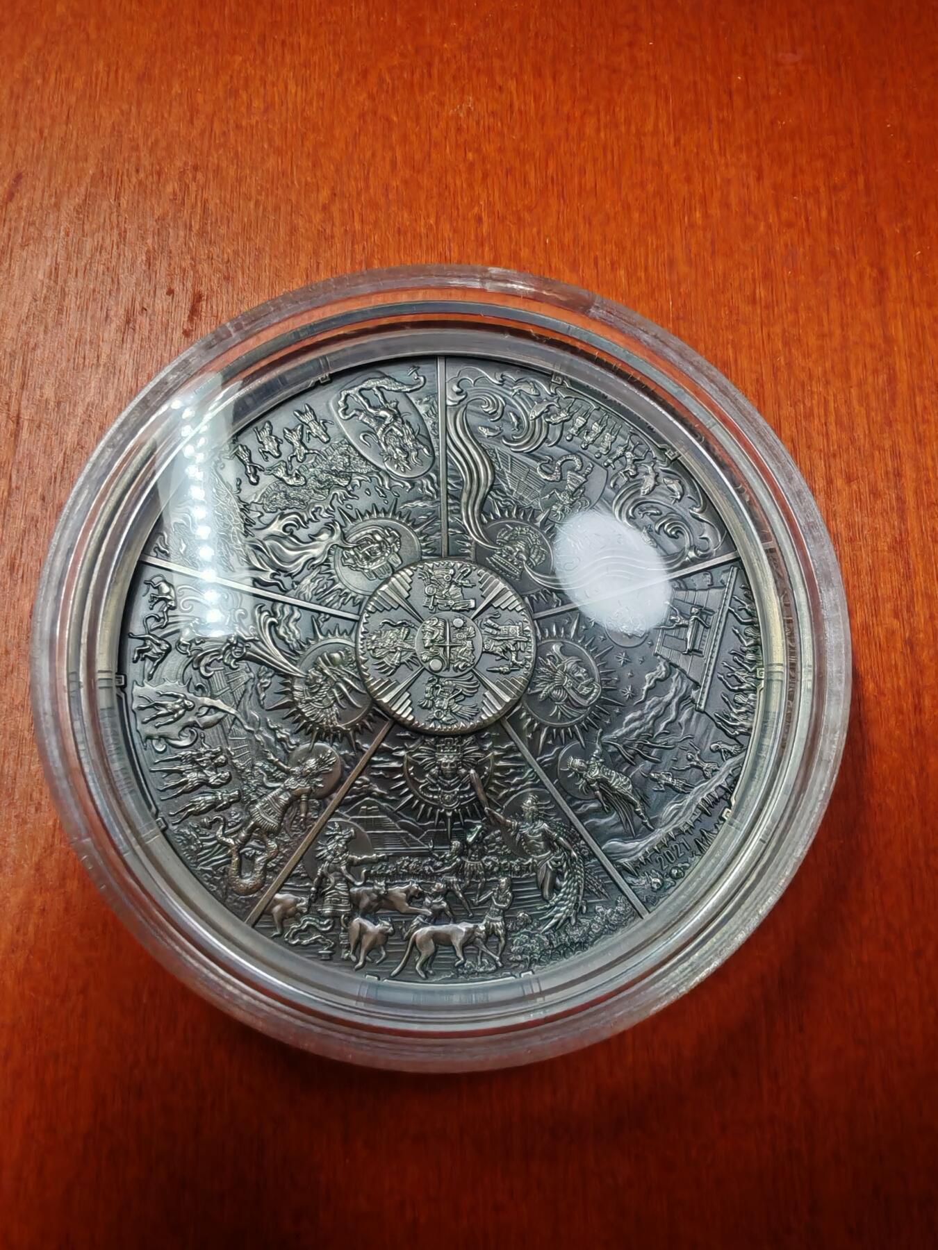 长老汇蛇年精选第九十一场拍卖 2021帕劳人类的世纪之阿兹台克人20元3盎司仿古超高浮雕部分彩色银币，盒证全，333枚