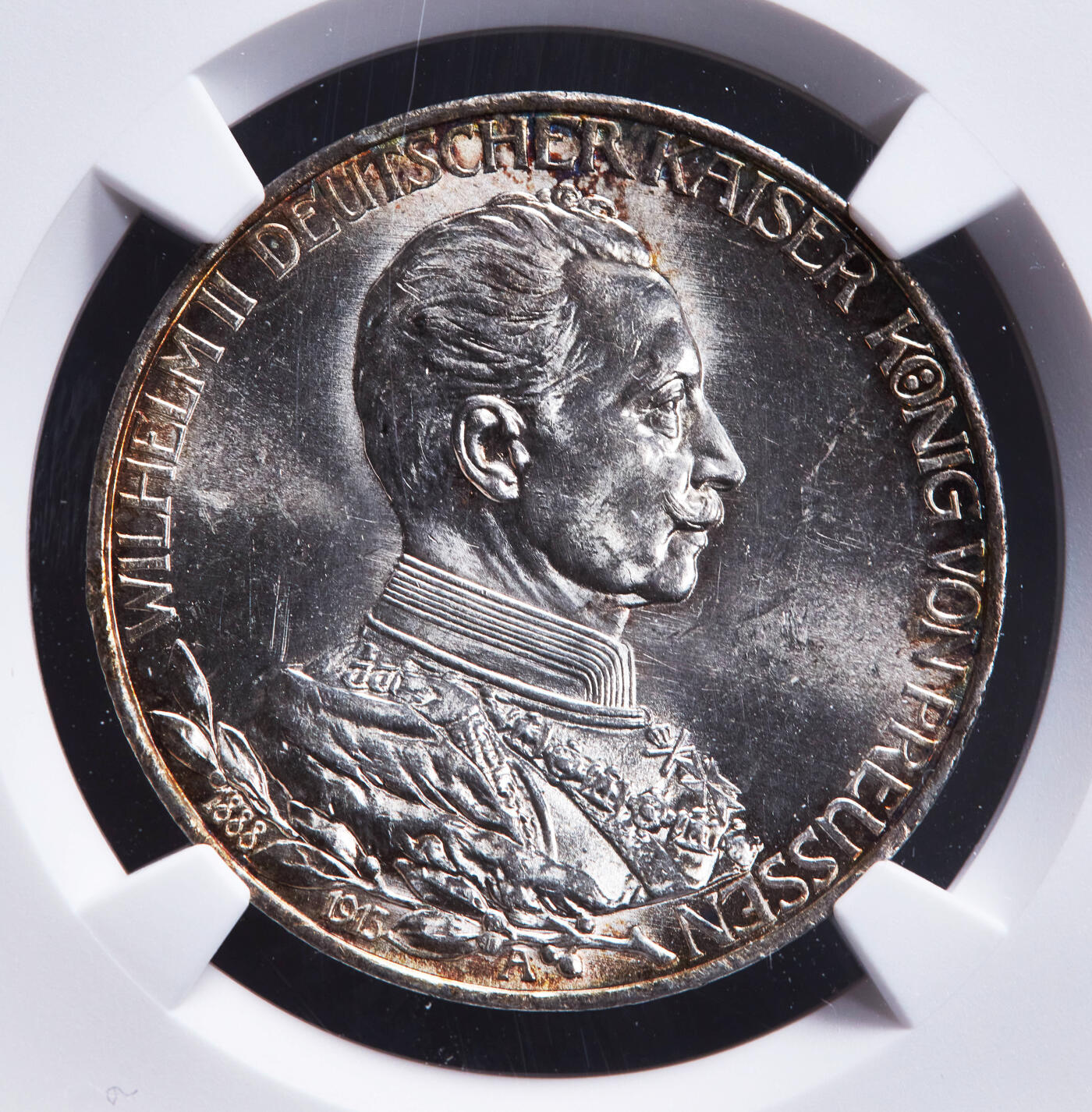 【俄甄集藏】2026年(046)01-07 星期三 晚 19:30 全场包邮 德国普鲁士1913年A版威廉二世军装3马克银币，NGC MS61，黄油环彩包浆，转光品相