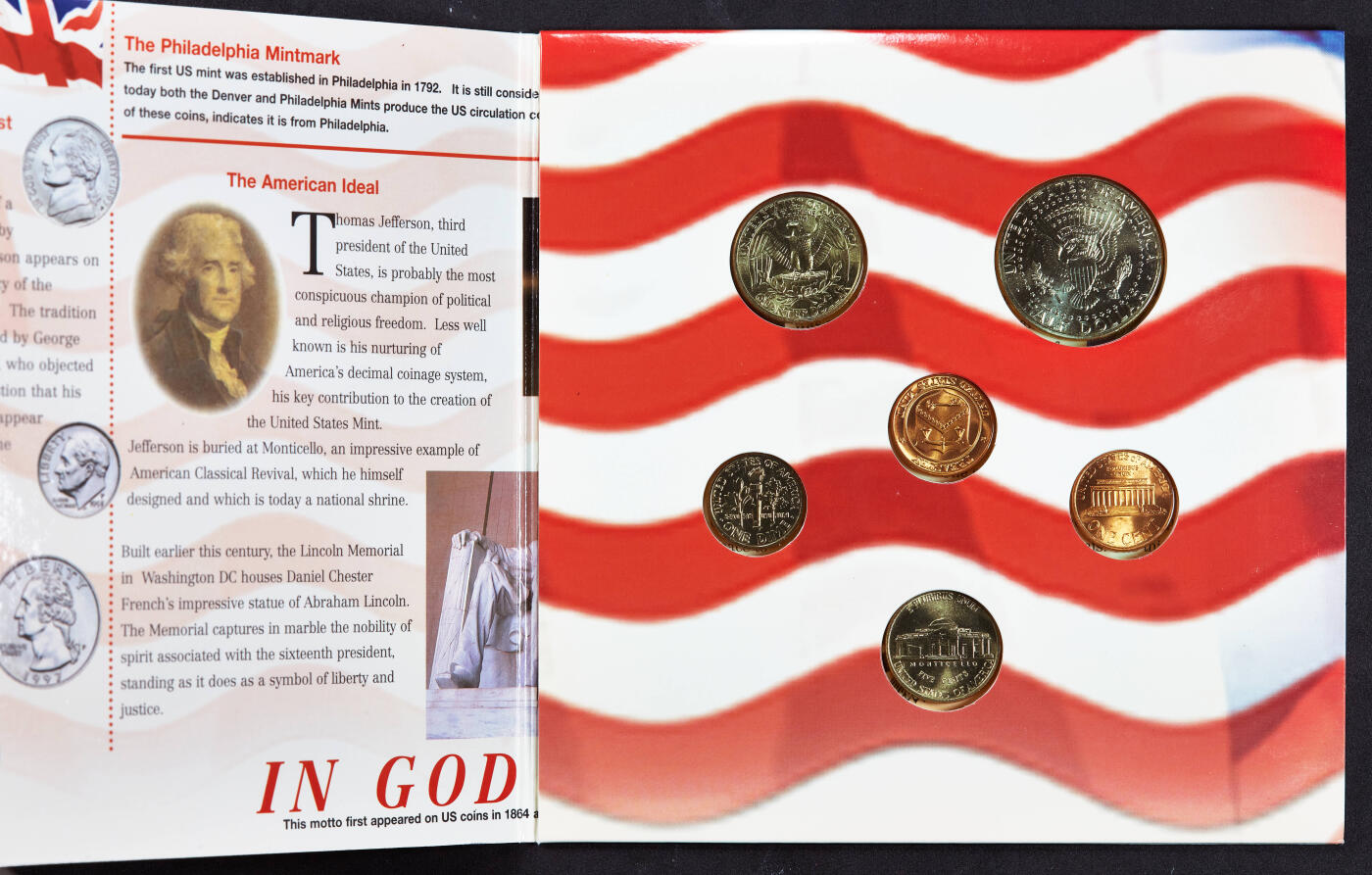 【俄甄集藏】2026年(046)01-07 星期三 晚 19:30 全场包邮 美国1997年费城造币厂1分-半元册装硬币6枚套，全新品相