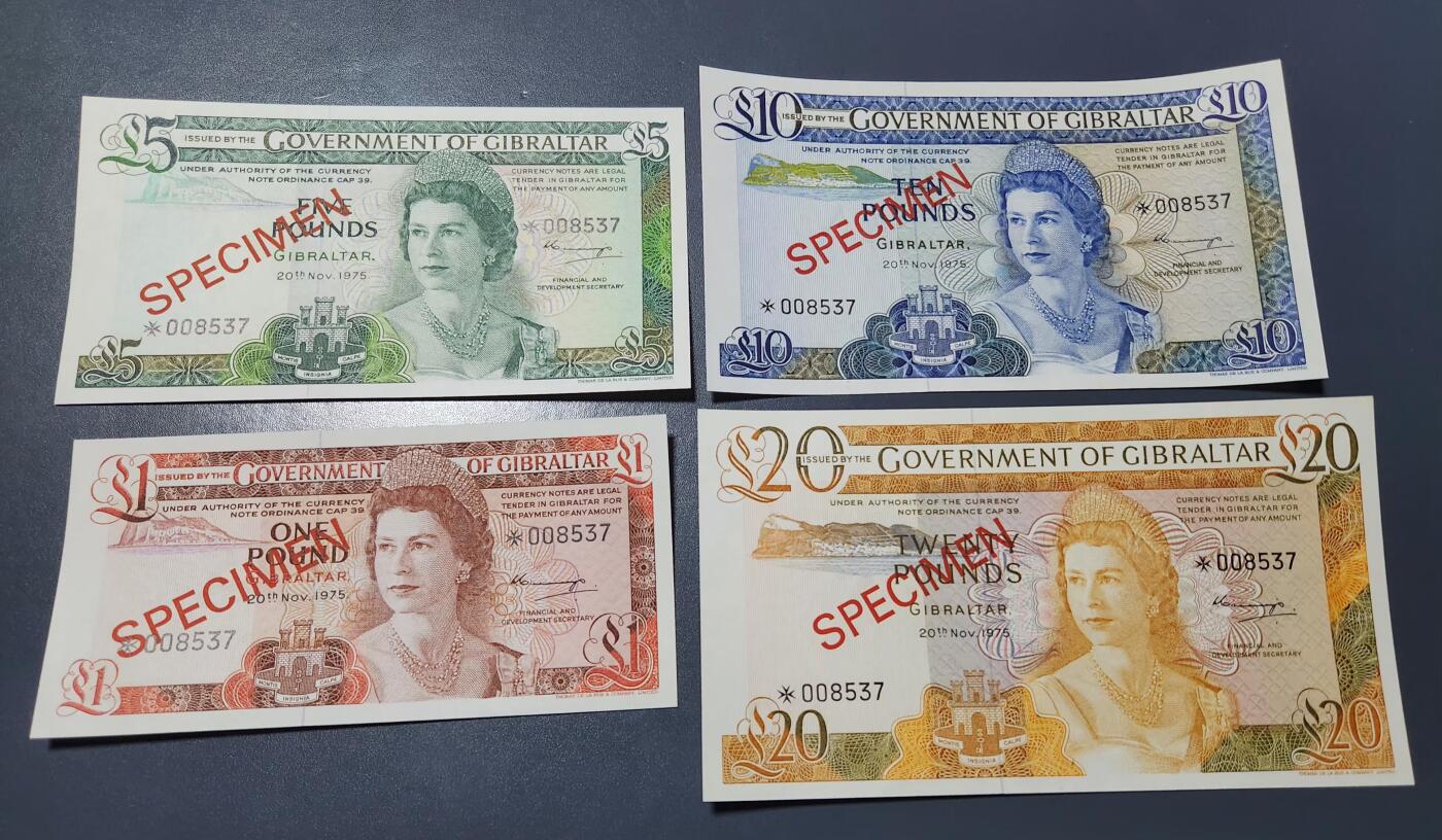 1月2号晚上8点 外国纸币自动截拍第78场 【全新初版样钞】直布罗陀4张全套(1,5,10,20镑)1975年UNC保真
