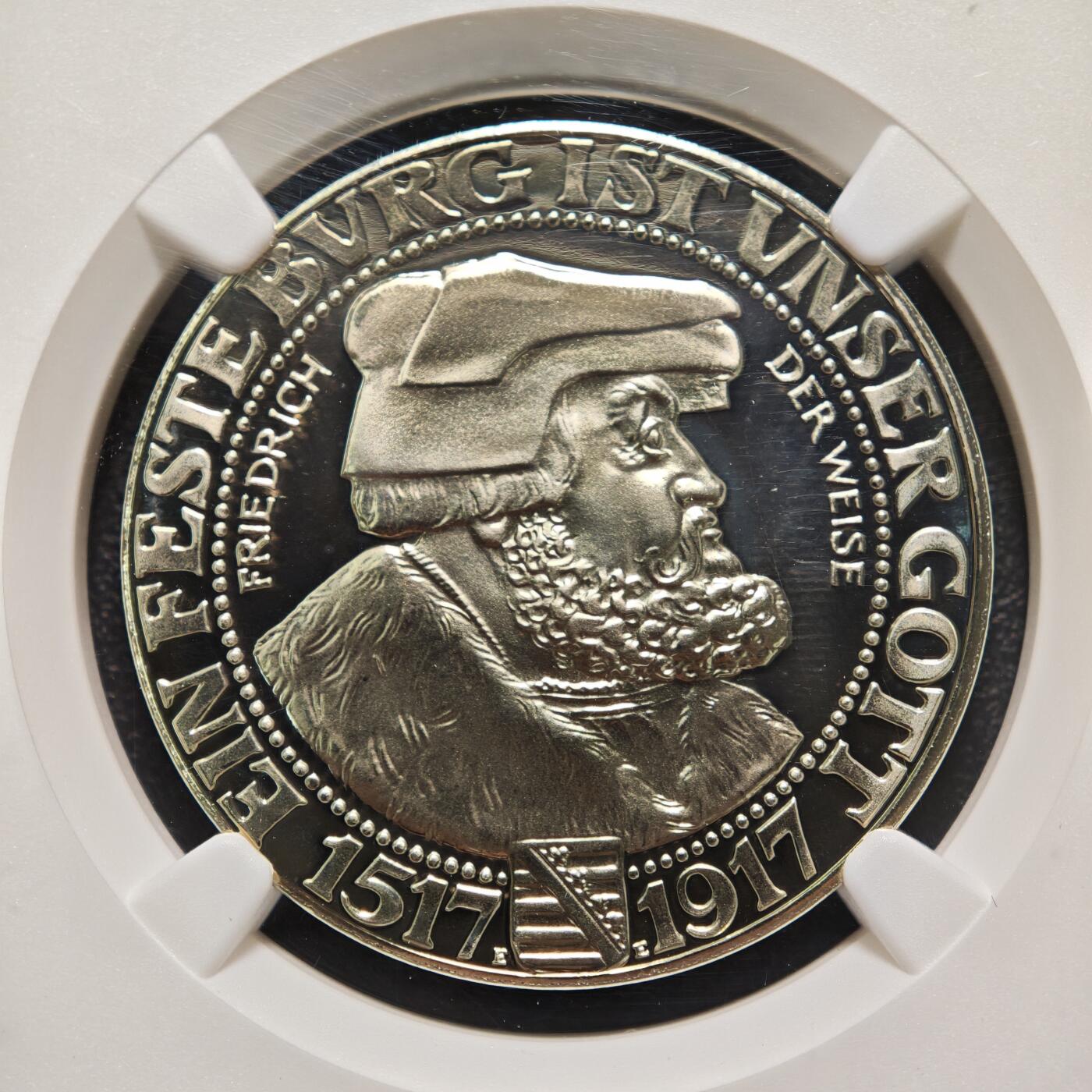 【德藏】世界币章拍卖第160期 1917年 德国萨克森魏玛艾森纳赫邦马丁·路德宗教改革400周年3马克精制纪念银币 后铸 NGC PF69C 镜面十足
