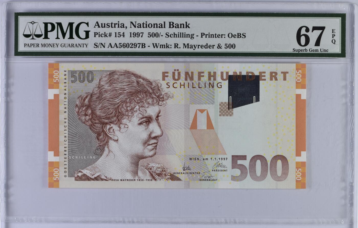 《艾美收藏》第227期-1.3周六外币黄金场-马年首拍 奥地利1997年AA冠500先令PMG67E高分无4，作家及女权活动家罗莎·梅雷德 背面罗莎夫妇和众人