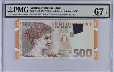 《艾美收藏》第227期-1.3周六外币黄金场-马年首拍 - 奥地利1997年AA冠500先令PMG67E高分无4，作家及女权活动家罗莎·梅雷德 背面罗莎夫妇和众人