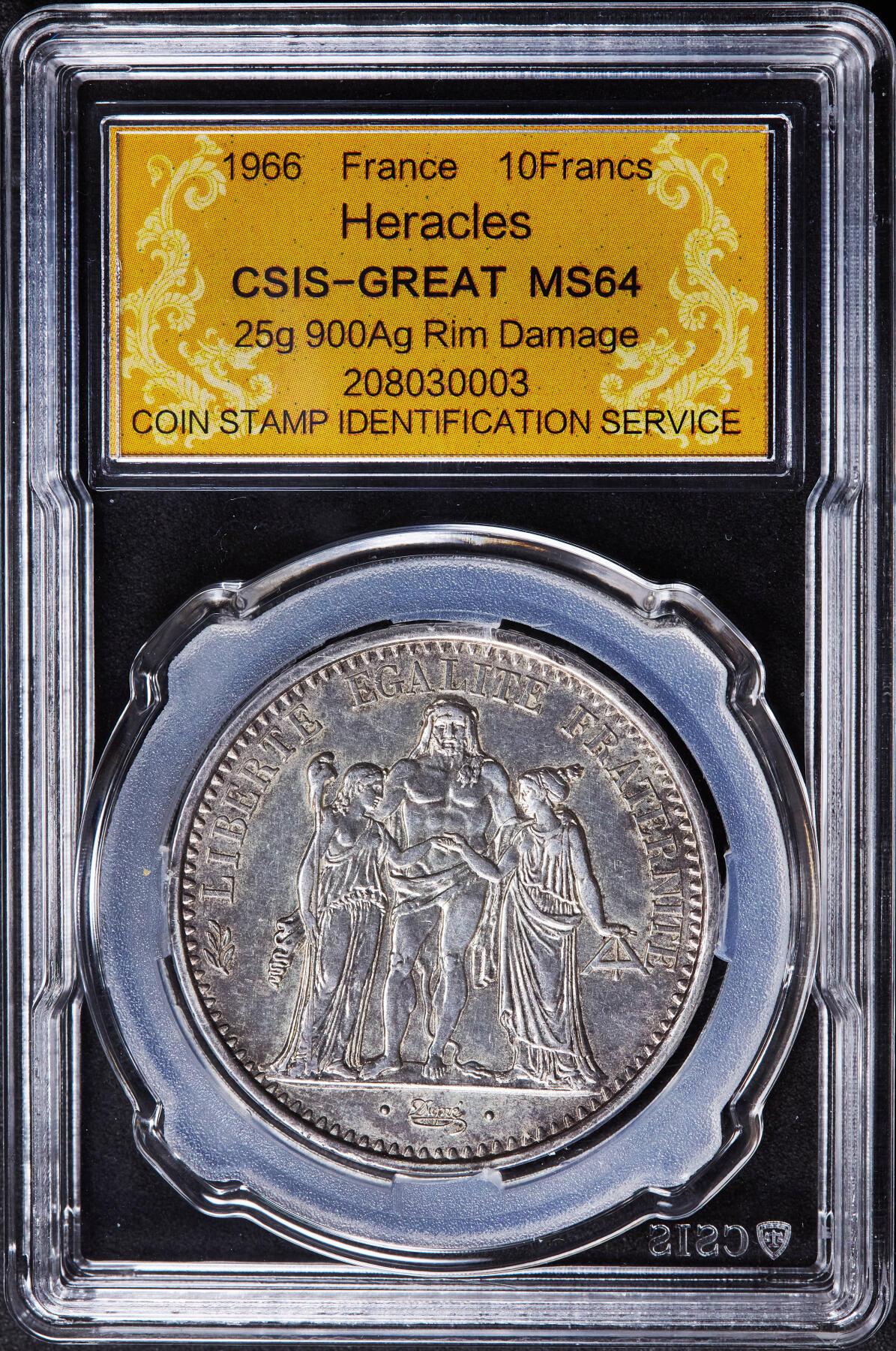 【俄甄集藏】2026年(046)01-07 星期三 晚 19:30 全场包邮 法国1966年大力神10法郎大银币，信泰 MS64，重25克，90%银