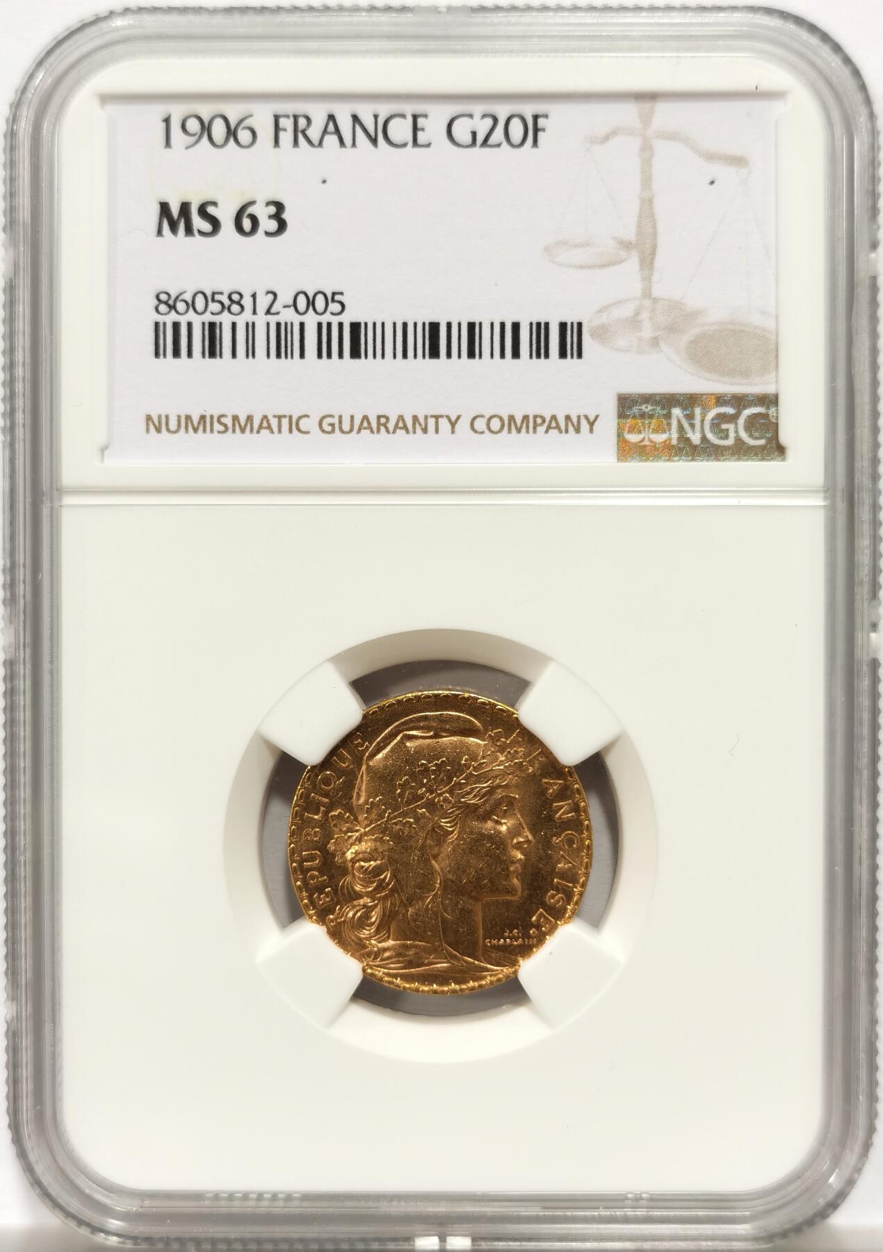 博洋堂“岁启嘉年”2026新年精品大拍专场暨第155期（全场包邮） NGC MS63 法国1906年玛丽安娜金币（原铸版）6.45克，900金。特别稀少的原铸版本不同于1907及以后的投资金版本 边铭也是不一样的 随着金价的不断上涨 该品种原铸法郎金币持续上涨 市面上也是很少再见原铸版本20法郎高卢雄鸡金币 值得收藏！