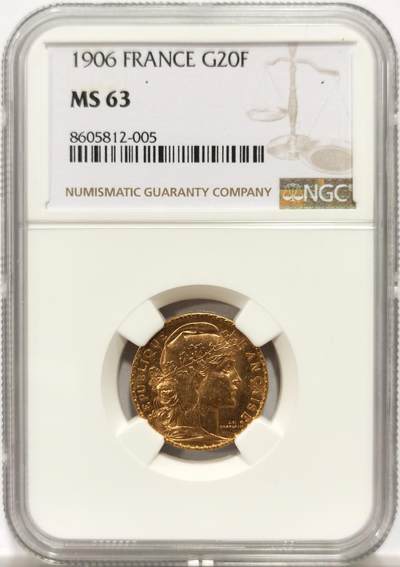 博洋堂“岁启嘉年”2026新年精品大拍专场暨第155期（全场包邮） - NGC MS63 法国1906年玛丽安娜金币（原铸版）6.45克，900金。特别稀少的原铸版本不同于1907及以后的投资金版本 边铭也是不一样的 随着金价的不断上涨 该品种原铸法郎金币持续上涨 市面上也是很少再见原铸版本20法郎高卢雄鸡金币 值得收藏！