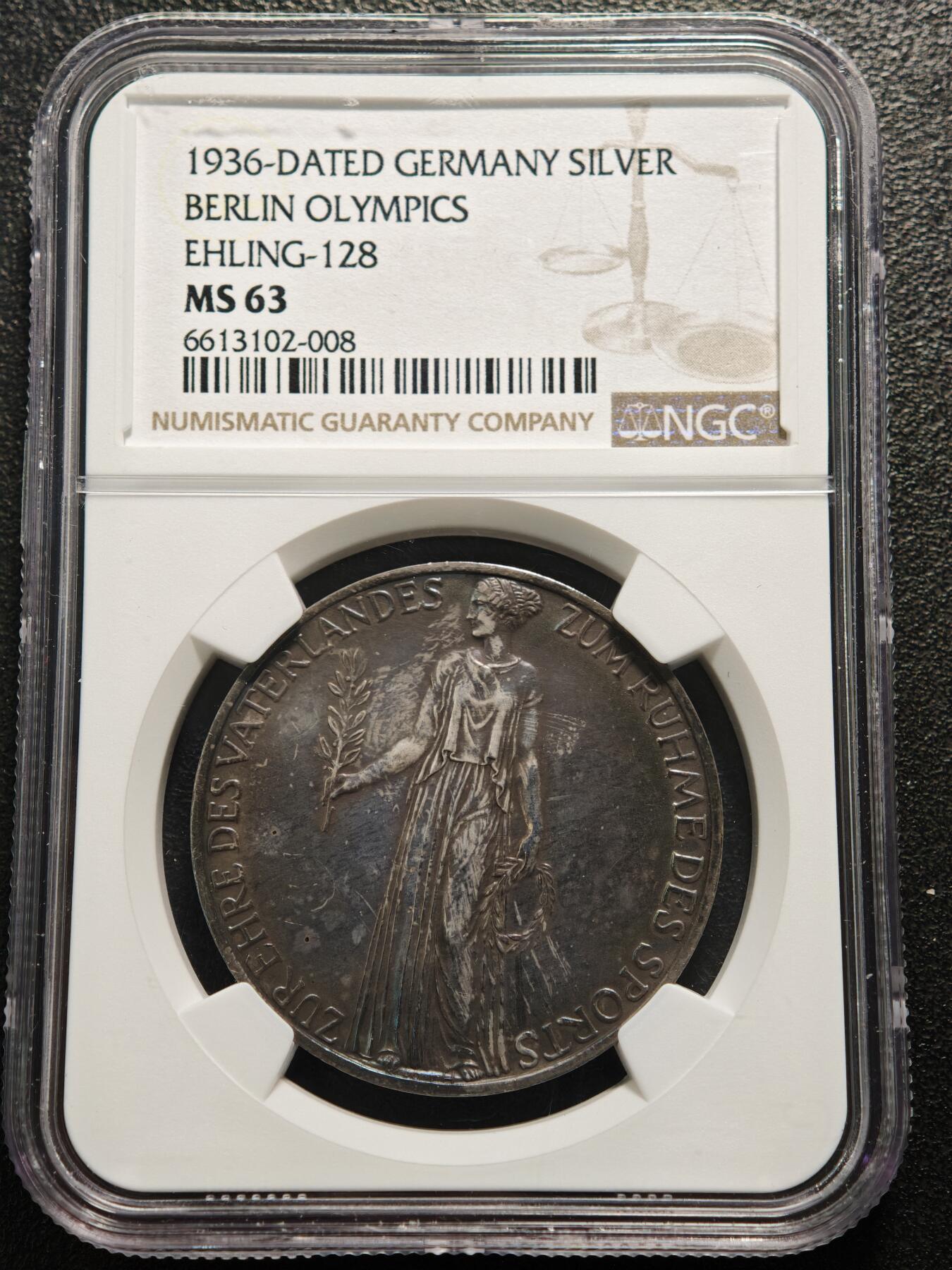 【德藏】世界币章拍卖第160期 1936年 德国柏林奥运会纪念银章 NGC MS63 深彩包浆 （原图请查询NGC评级官网）