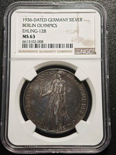 【德藏】世界币章拍卖第160期 - 1936年 德国柏林奥运会纪念银章 NGC MS63 深彩包浆 （原图请查询NGC评级官网）