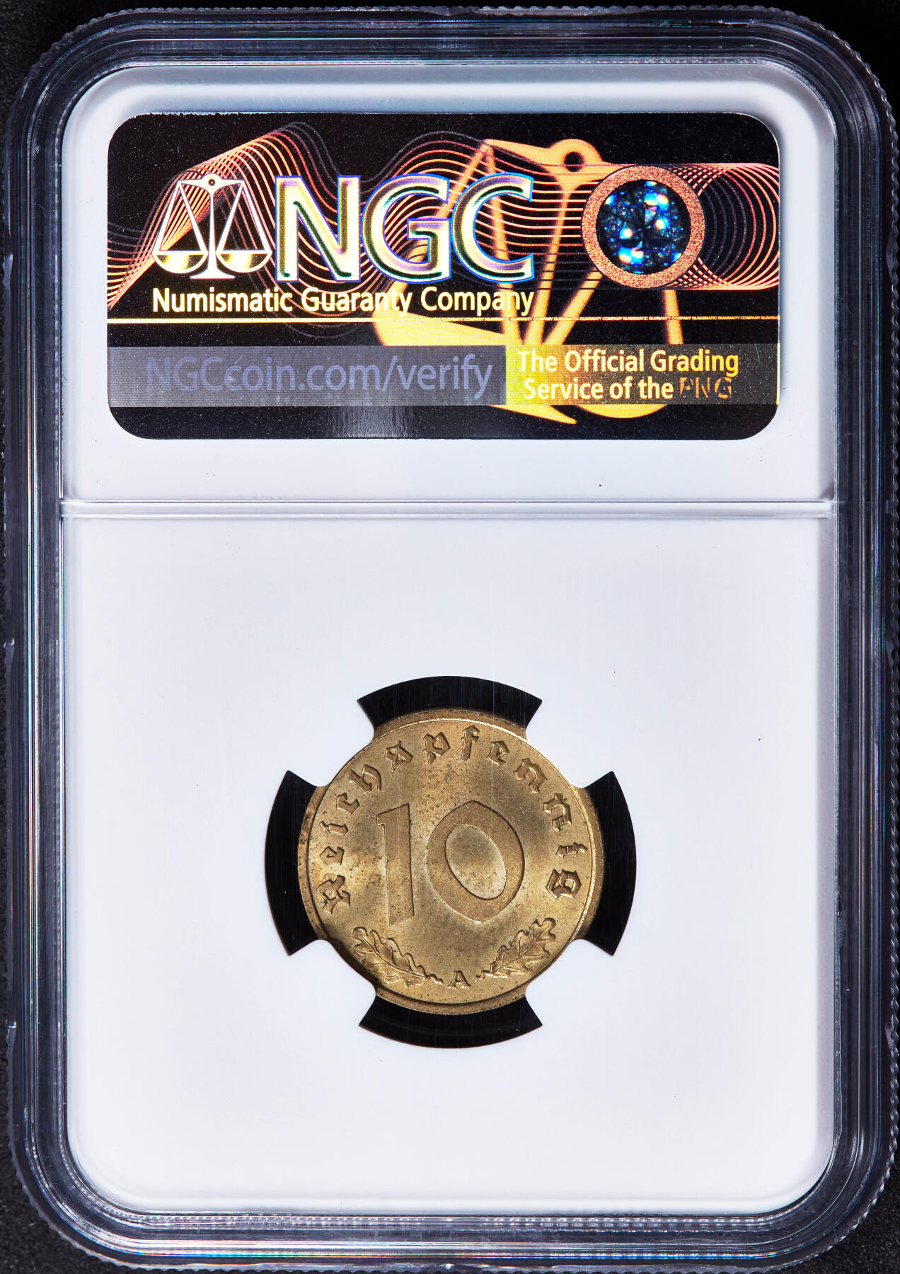 【俄甄集藏】2026年(046)01-07 星期三 晚 19:30 全场包邮 德国第三帝国1937年A版10芬尼铜币，NGC MS64，转光品相，原图联系客服或者查询相关官网查看2