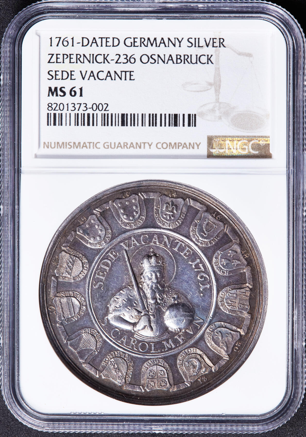 【俄甄集藏】2026年(046)01-07 星期三 晚 19:30 全场包邮 神圣罗马帝国-德国奥斯那布鲁克1761年主教缺位1泰勒大银币，NGC MS61，稀少品种，原味老包浆，高浮雕，唯一亚军分数
