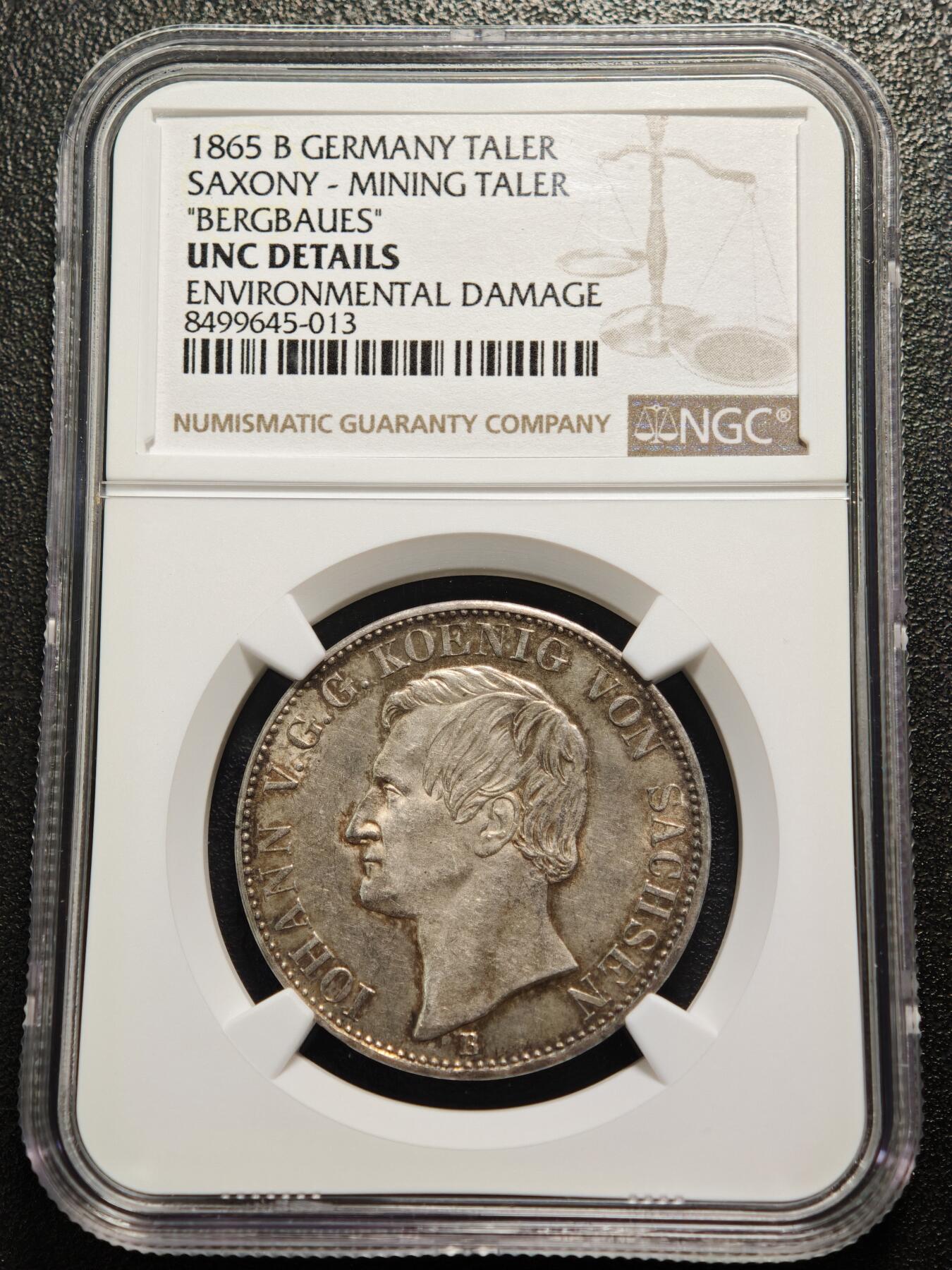 【德藏】世界币章拍卖第160期 1865年 德国萨克森王国矿业1泰勒银币 酱彩环状包浆状态好 NGC UNC