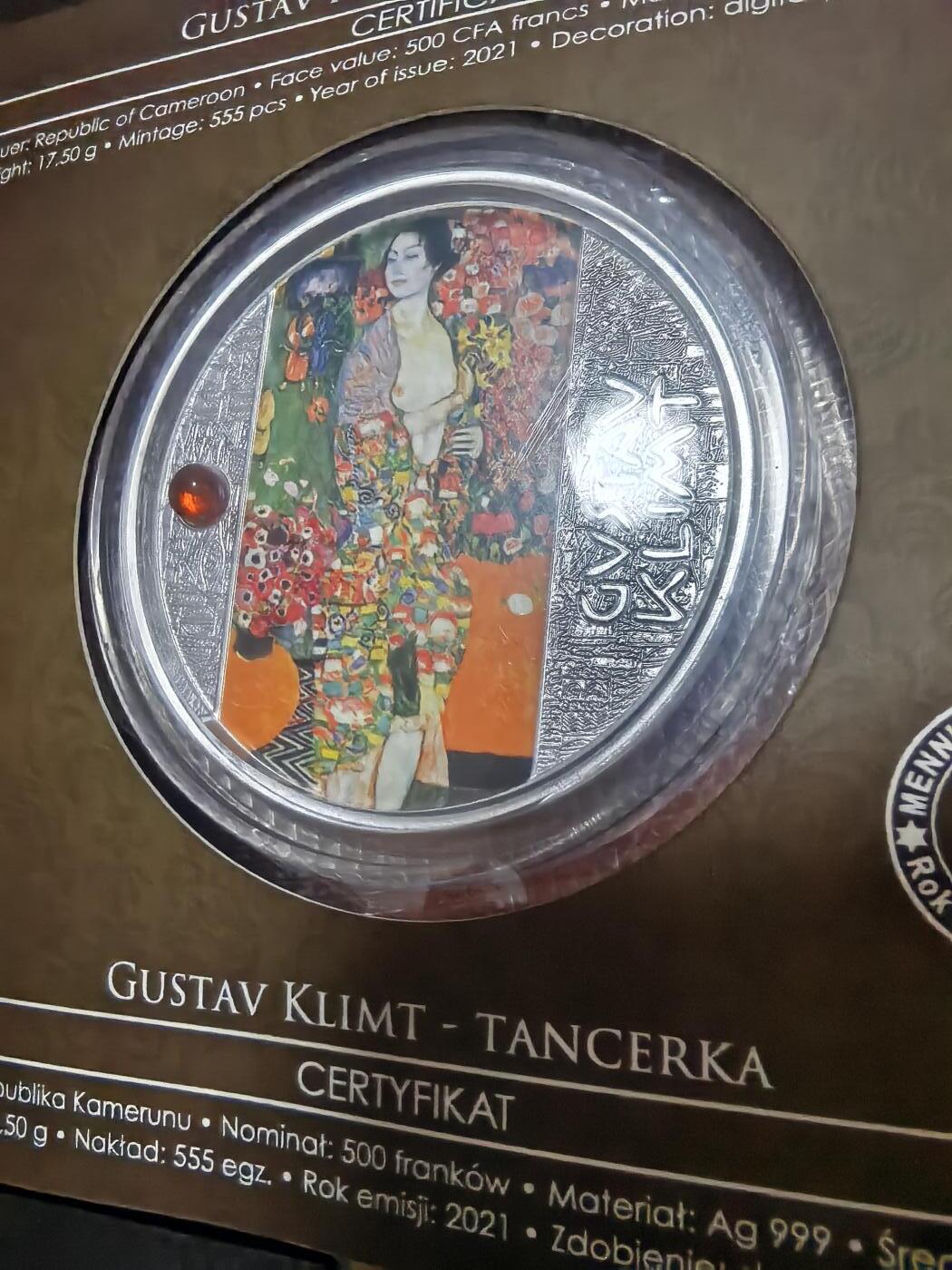 长老汇蛇年精选第九十一场拍卖 2021喀麦隆克林姆特名画舞者彩色镶嵌琥珀银币，17.5克999银，盒证全，555枚