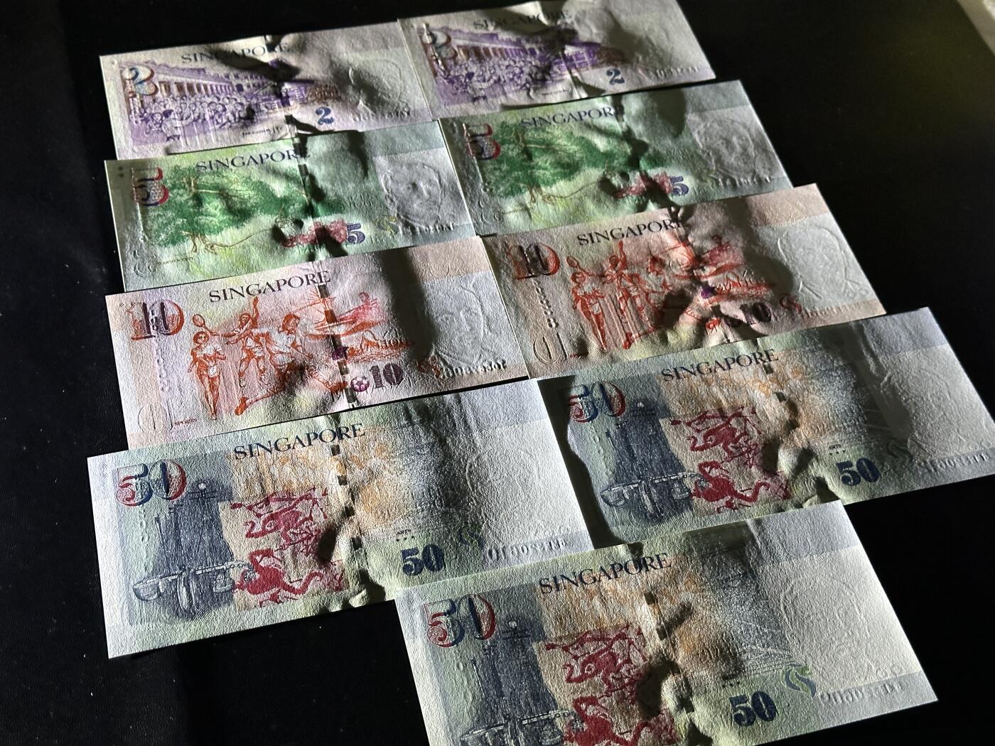 《外钞收藏家》第五百九十九期（畅拍场）（本平台长期征集拍品、欢迎藏友们联系合作） 新加坡人像纸币版2-50元 共184元 全新 有两张轻微荧光瑕疵