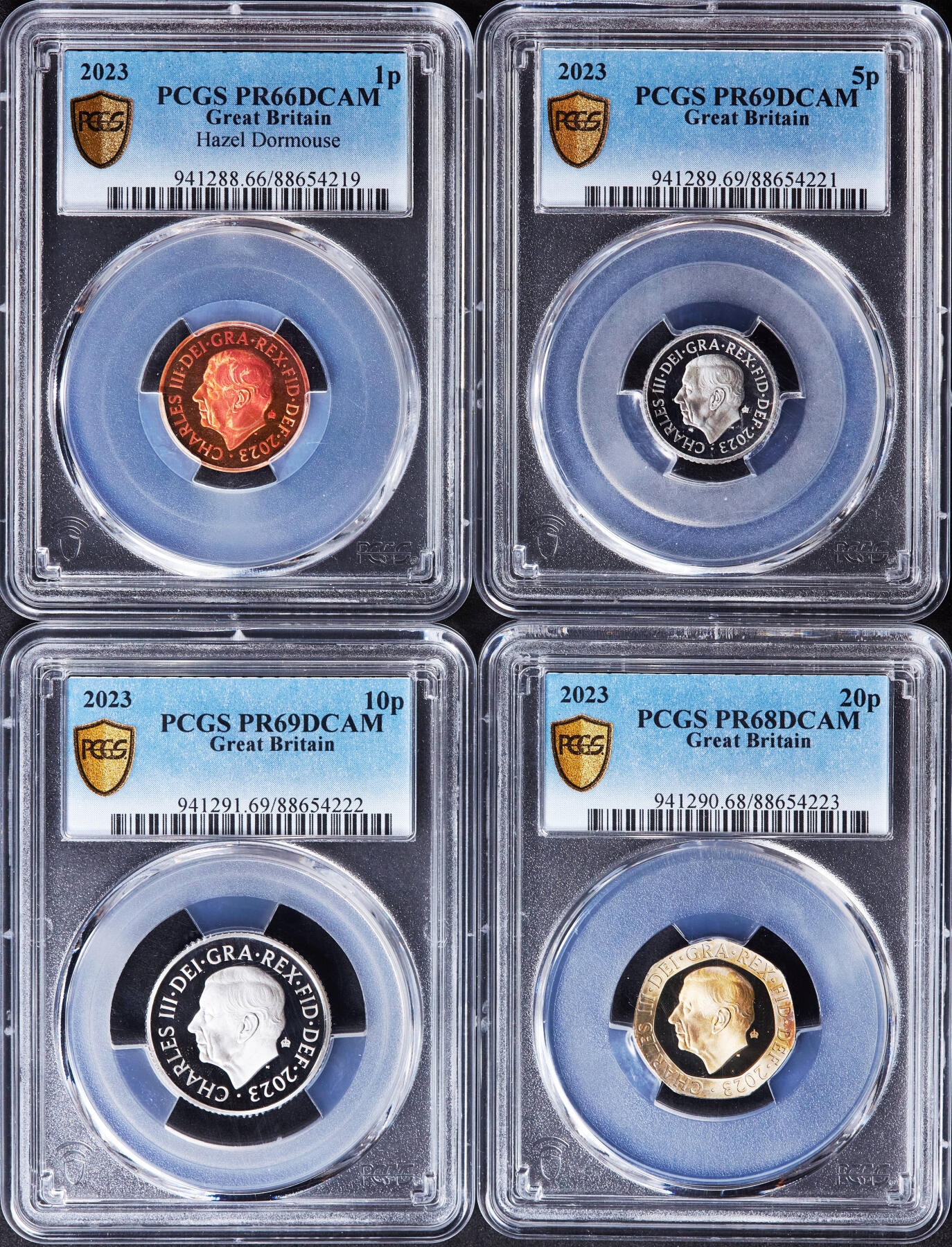 【俄甄集藏】2026年(046)01-07 星期三 晚 19:30 全场包邮 英国2023年查理三世1便士-20便士动植物精制硬币4枚一组，PCGS PR66-PR69DC，设计精美