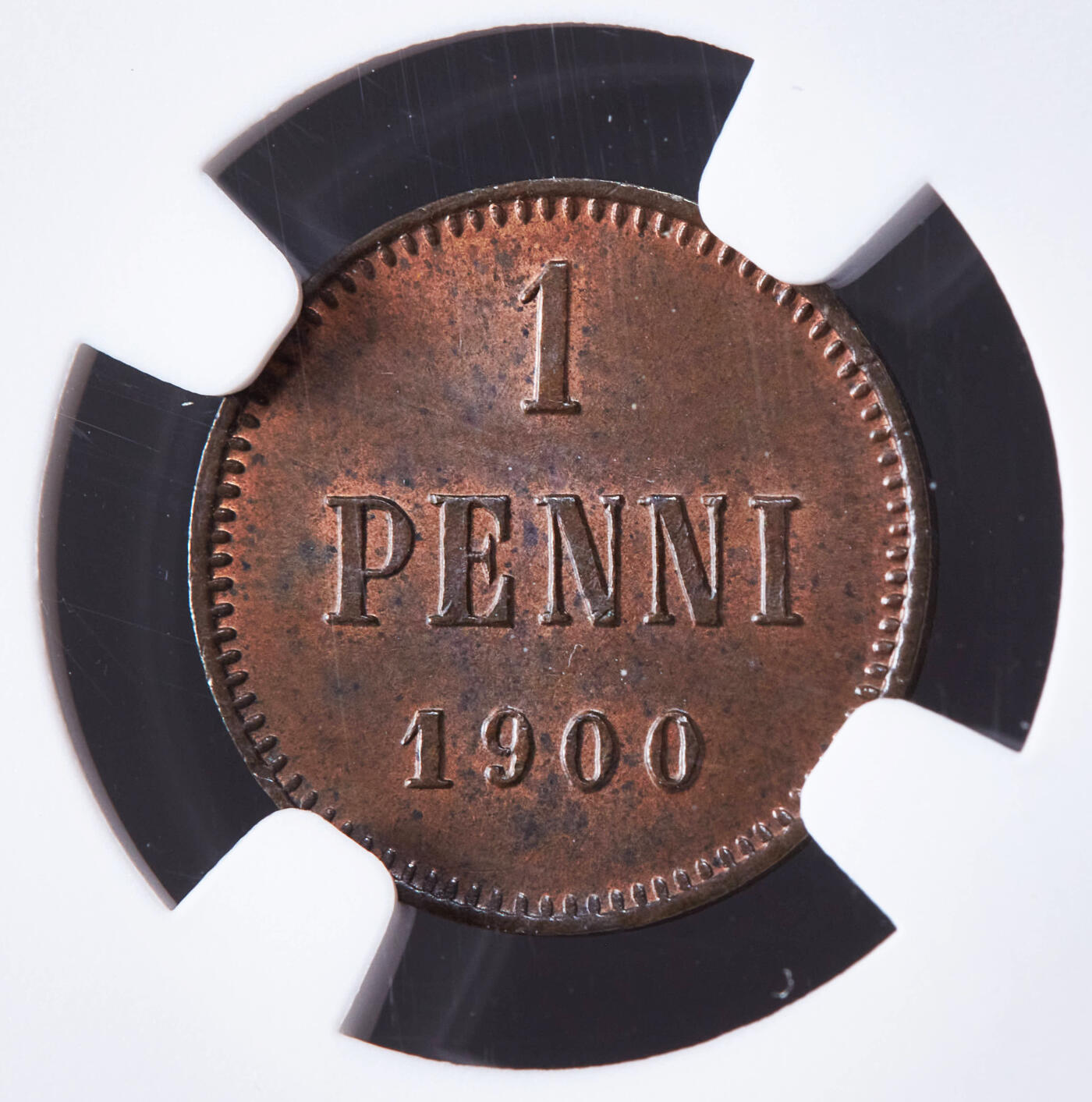 【俄甄集藏】2026年(046)01-07 星期三 晚 19:30 全场包邮 俄属芬兰1900年尼古拉二世1盆尼铜币，NGC MS62，原铜光犹在，转光品相