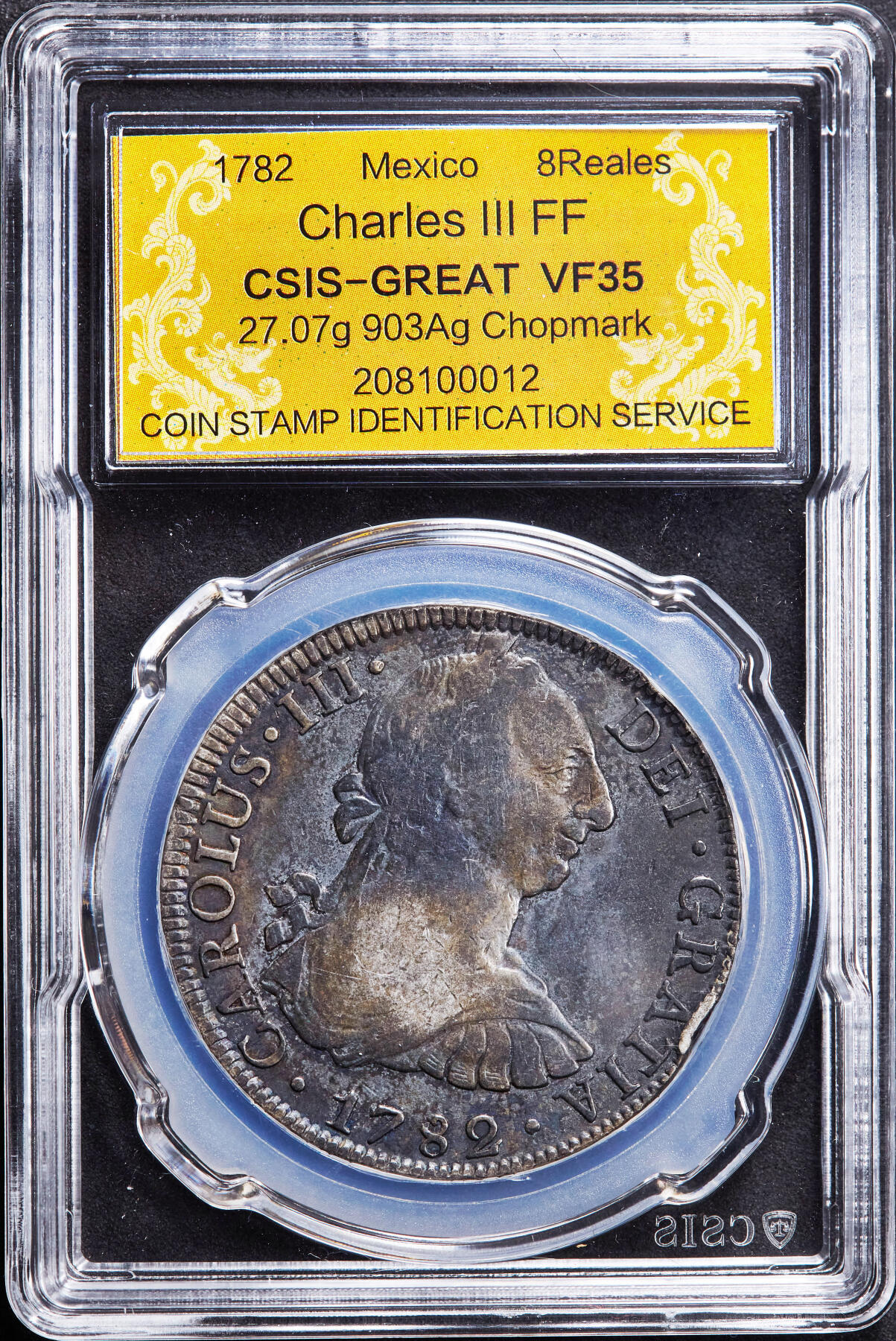 【俄甄集藏】2026年(046)01-07 星期三 晚 19:30 全场包邮 西属墨西哥1782年卡洛斯三世FF版8里亚尔双柱大银币，信泰 VF35，皇冠右上有不明显小戳记，五彩酱彩老包浆，味道佳