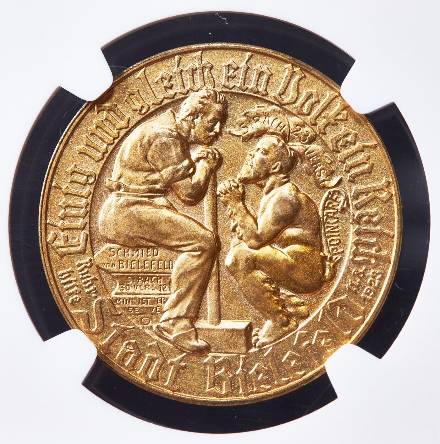 【俄甄集藏】2026年(046)01-07 星期三 晚 19:30 全场包邮 德国1923年紧急时期比勒菲尔德镀金1马克铜币，NGC MS65，著名俾斯麦金马克铜币，顶级品相