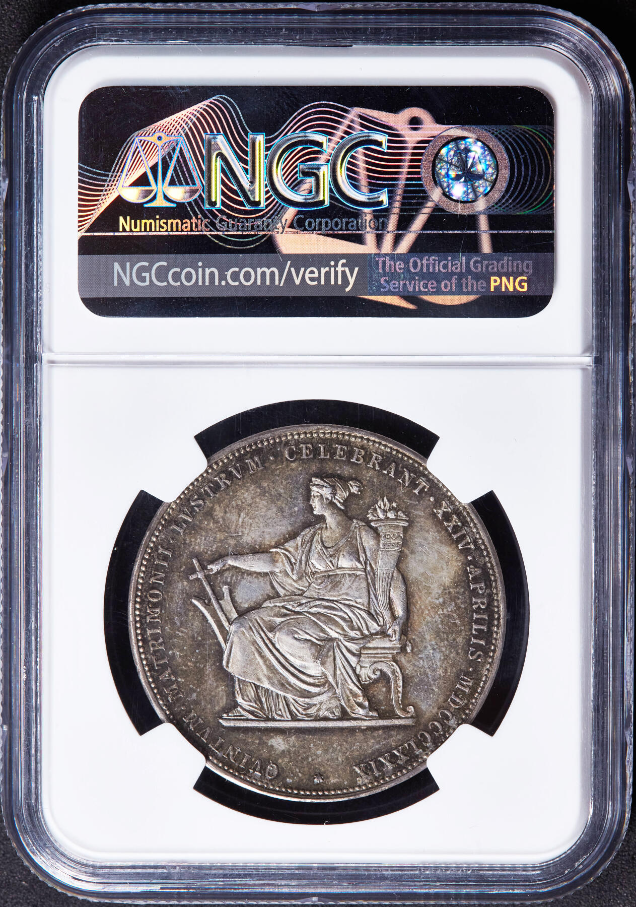 【俄甄集藏】2026年(046)01-07 星期三 晚 19:30 全场包邮 奥地利1879年弗朗茨一世与茜茜公主银婚纪念2弗洛林银币，NGC MS64，酱彩老包浆，细节犀利，名誉品种