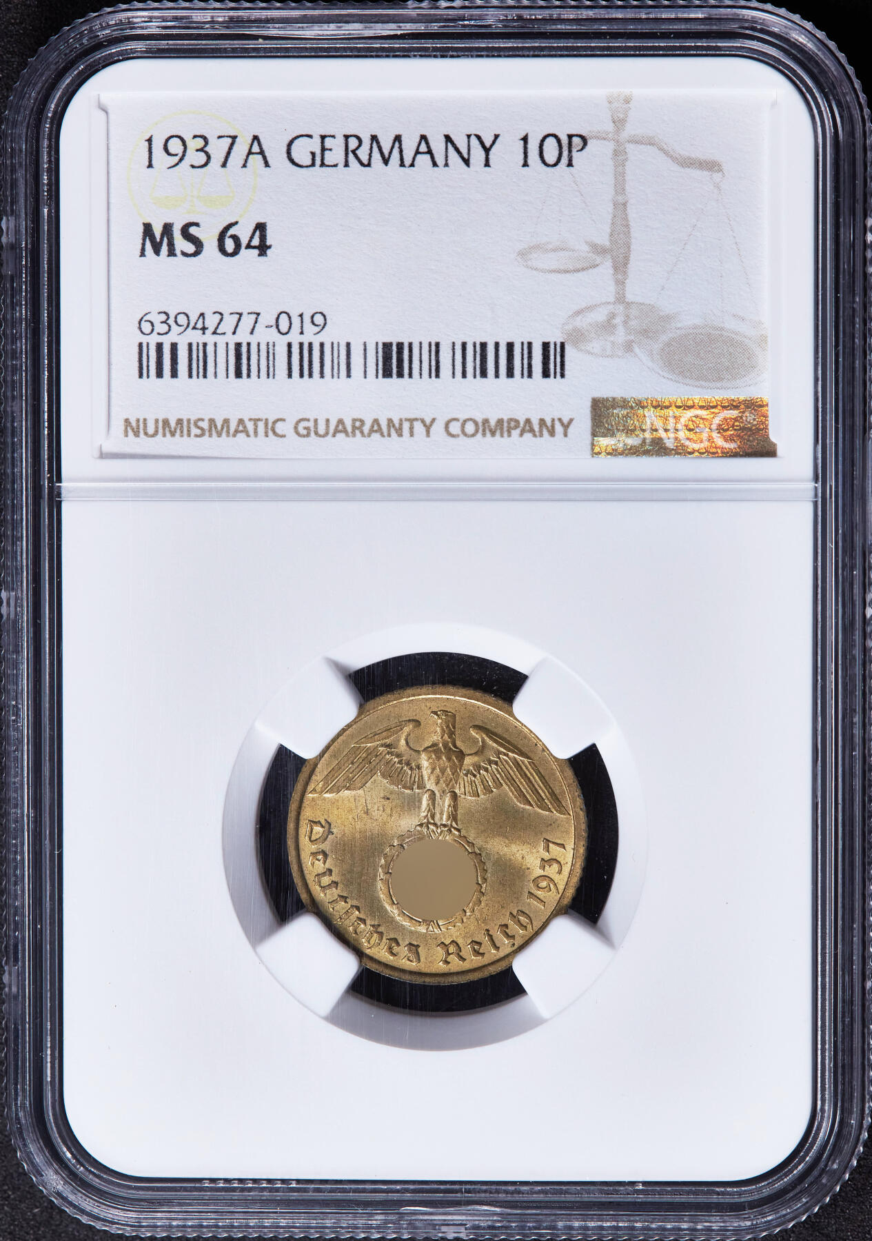 【俄甄集藏】2026年(046)01-07 星期三 晚 19:30 全场包邮 德国第三帝国1937年A版10芬尼铜币，NGC MS64，转光品相，原图联系客服或者查询相关官网查看2