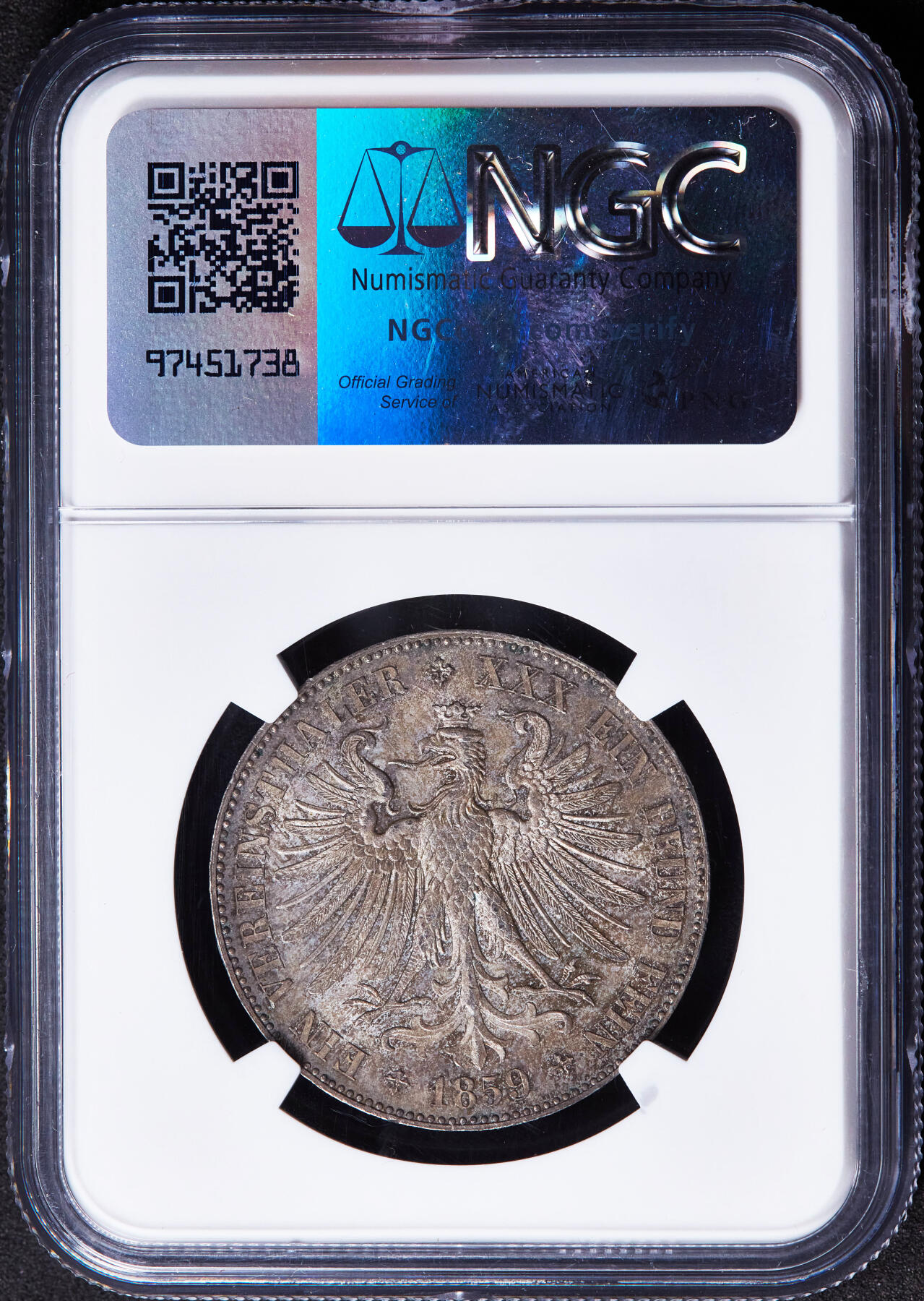 【俄甄集藏】2026年(046)01-07 星期三 晚 19:30 全场包邮 德国法兰克福1859年少女1泰勒银币，NGC MS64，经典品种，黄油彩老包浆，原光品相