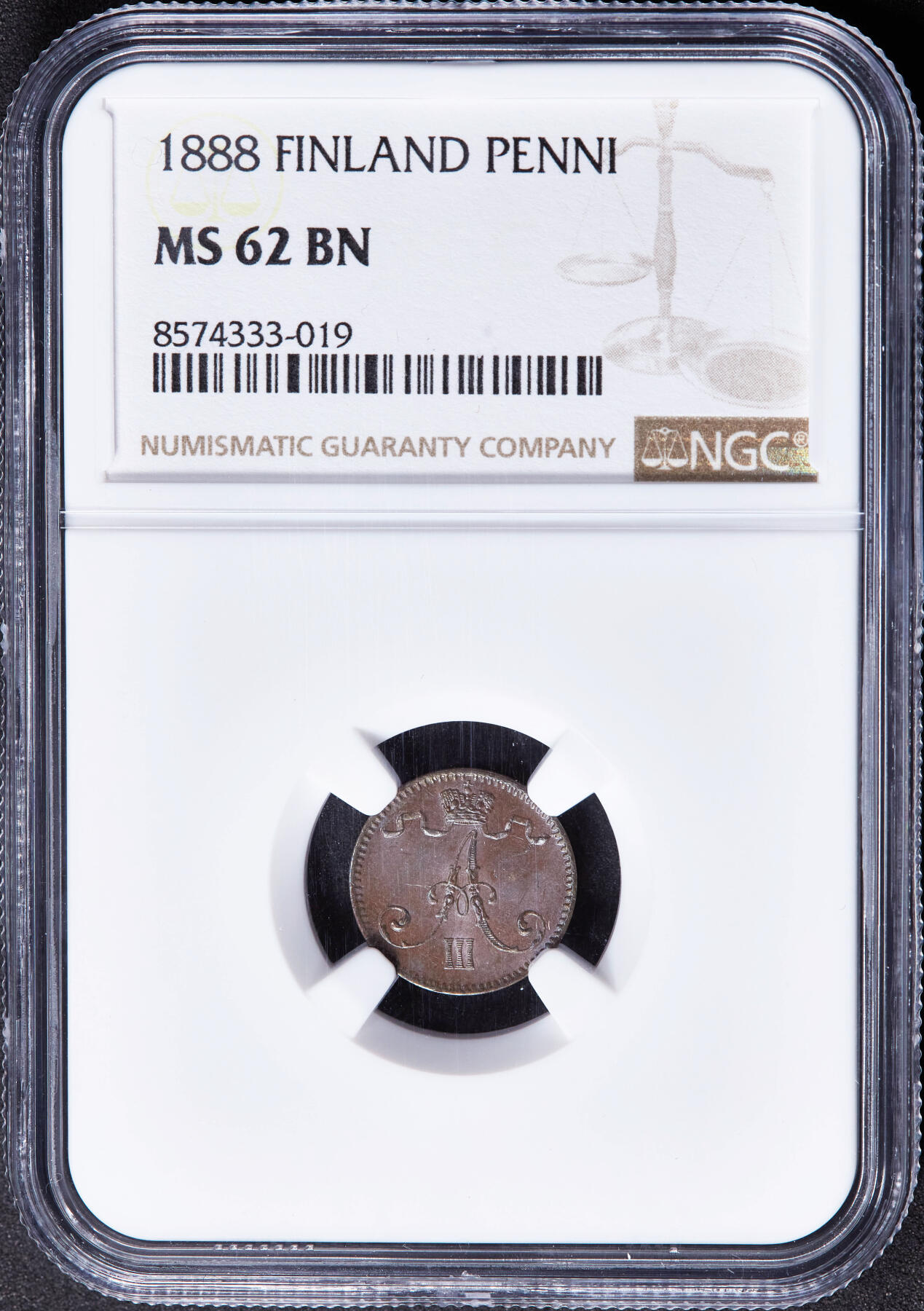 【俄甄集藏】2026年(046)01-07 星期三 晚 19:30 全场包邮 俄属芬兰1888年亚历山大三世1盆尼铜币，NGC MS62，巧克力包浆，转光品相