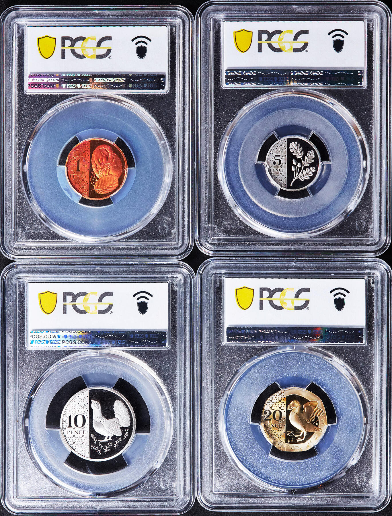【俄甄集藏】2026年(046)01-07 星期三 晚 19:30 全场包邮 英国2023年查理三世1便士-20便士动植物精制硬币4枚一组，PCGS PR66-PR69DC，设计精美