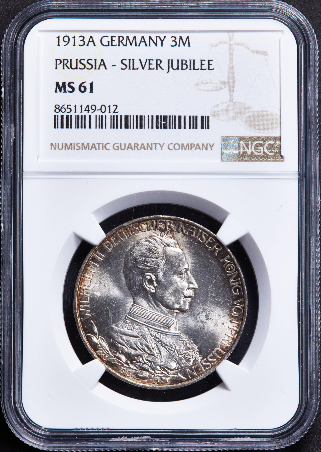 【俄甄集藏】2026年(046)01-07 星期三 晚 19:30 全场包邮 德国普鲁士1913年A版威廉二世军装3马克银币，NGC MS61，黄油环彩包浆，转光品相