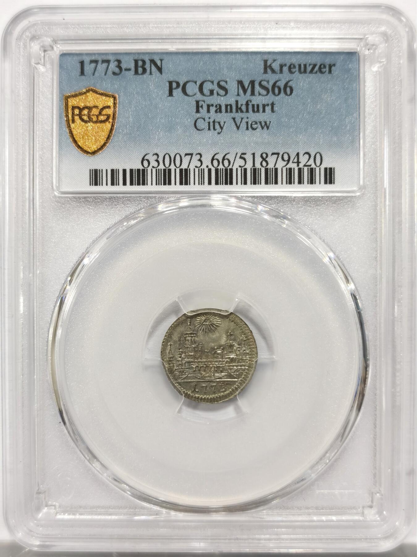博洋堂“岁启嘉年”2026新年精品大拍专场暨第155期（全场包邮） PCGS MS66 PCGS冠军分数 1773年德国法兰克福城市景观克鲁泽银币。非常少见的18世纪法兰克福景观系列，细节丝毫不逊于城市景观泰勒，纤毫毕现。性价比极高的品种，法兰克福类似年份63分的景观泰勒已经快4万了，66分的早期景观系列会是广大藏家的高性价比选择