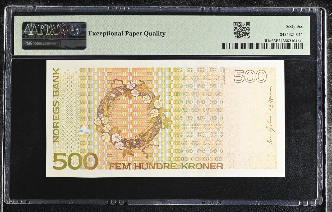 《艾美收藏》第227期-1.3周六外币黄金场-马年首拍 挪威1999首发年a版500克朗PMG66E，Pick#51a初版首签难得 非再版可比 女小说家S.温斯特