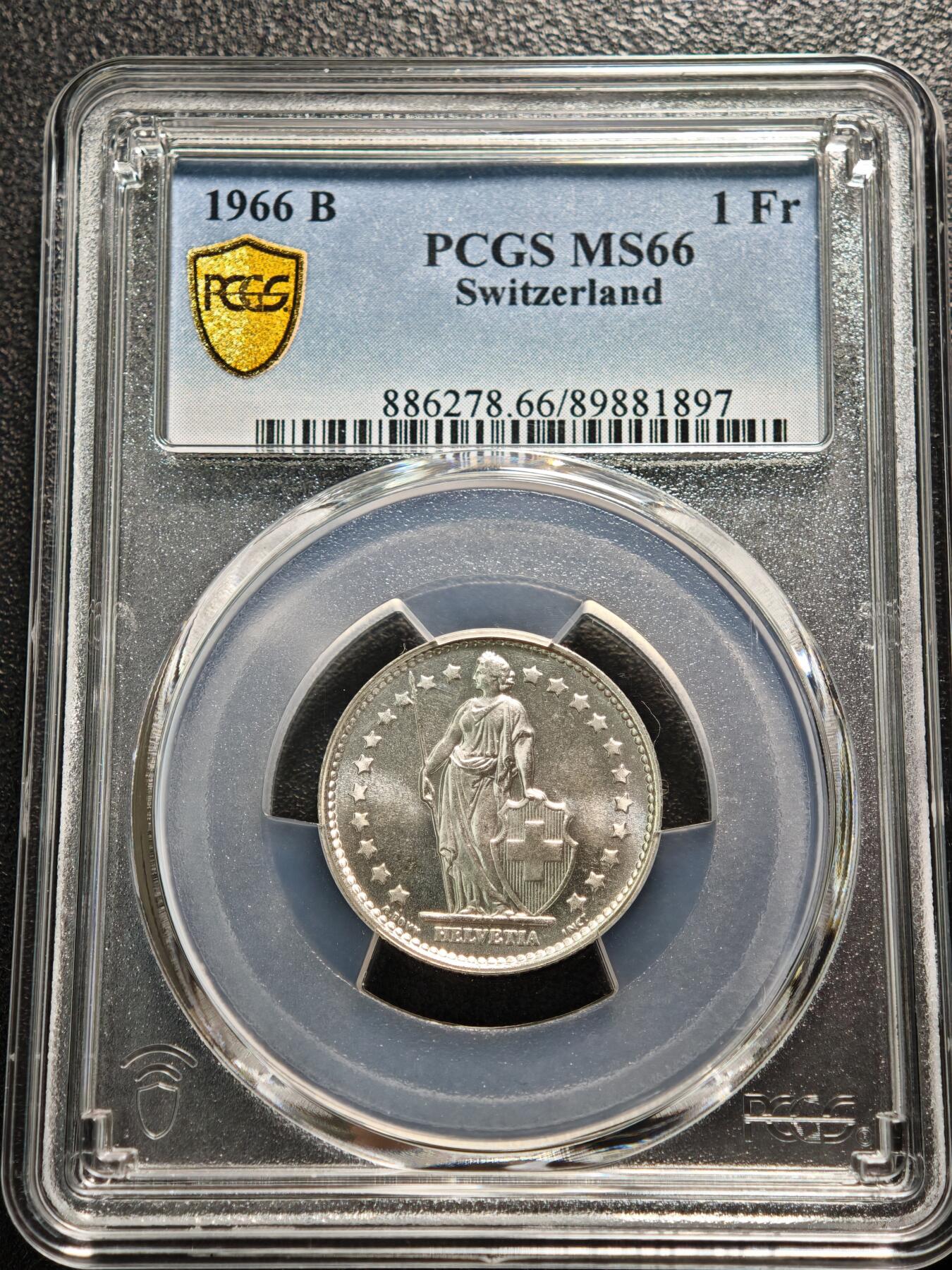 【德藏】世界币章拍卖第160期 1966年 瑞士1法郎银币 PCGS MS66 原光极强