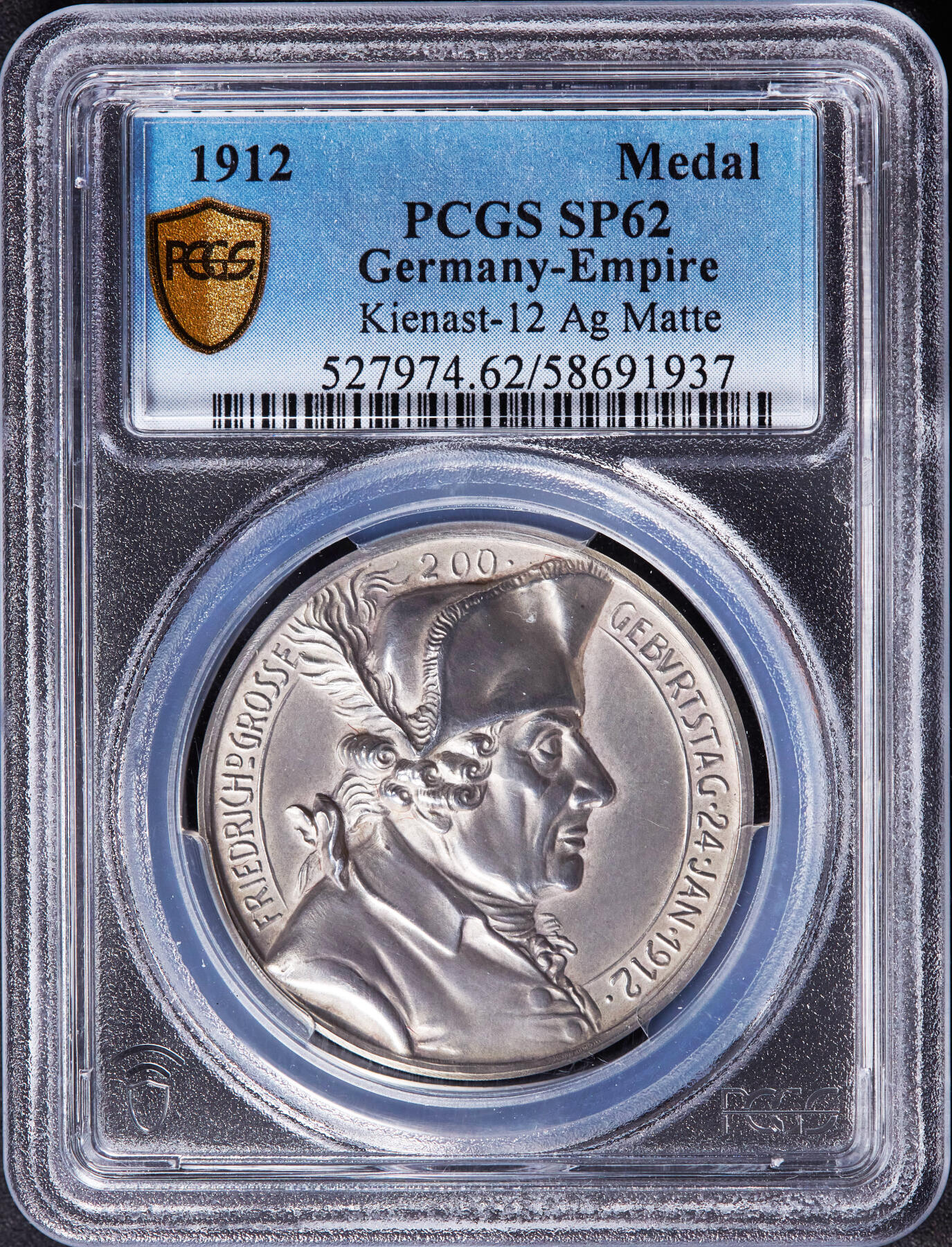 【俄甄集藏】2026年(046)01-07 星期三 晚 19:30 全场包邮 德国1912年纪念腓特烈大帝诞辰200周年银章，PCGS SP62，卡尔·哥茨作品，少见品种