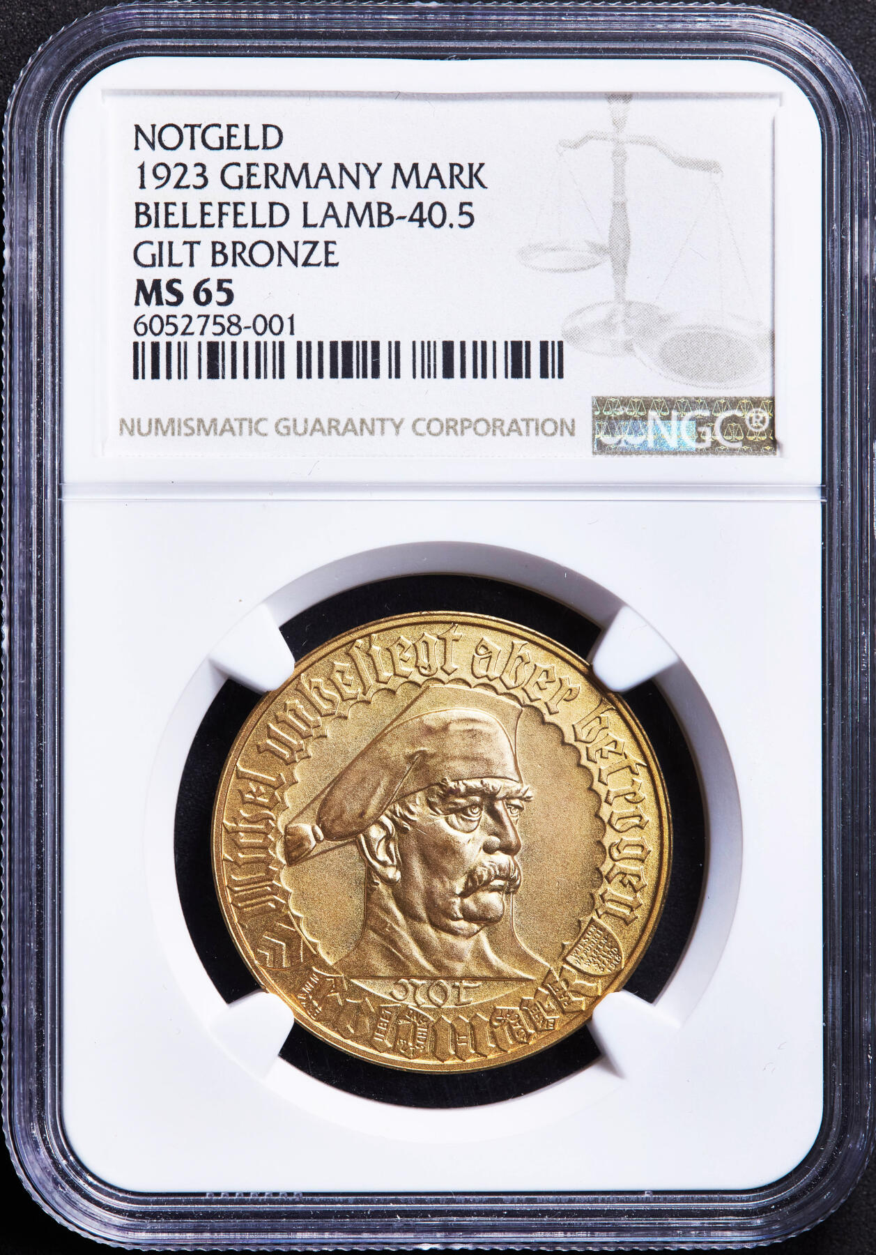 【俄甄集藏】2026年(046)01-07 星期三 晚 19:30 全场包邮 德国1923年紧急时期比勒菲尔德镀金1马克铜币，NGC MS65，著名俾斯麦金马克铜币，顶级品相
