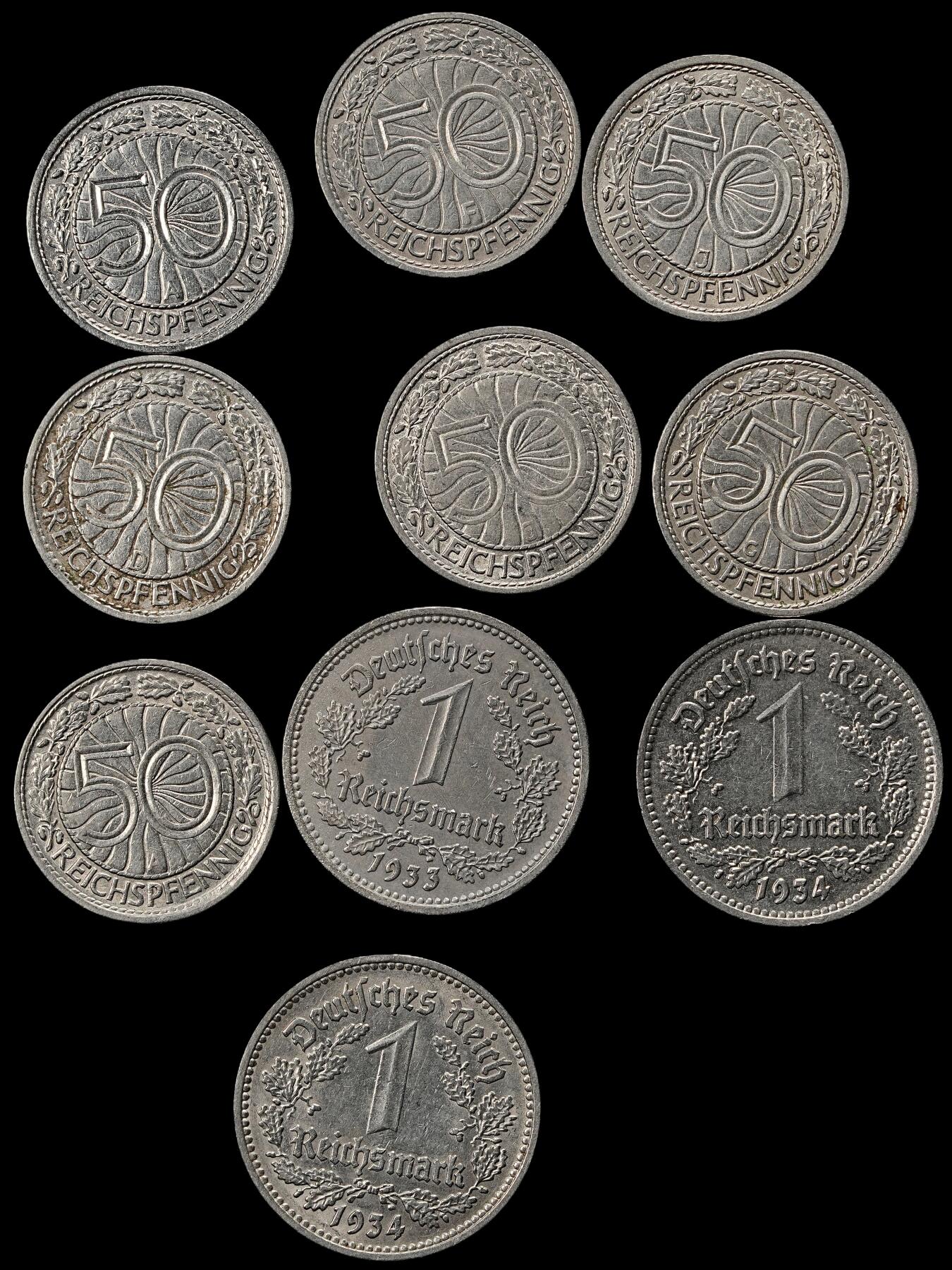 修遠堂世界钱币第一百期 德国50芬尼，1马克一组