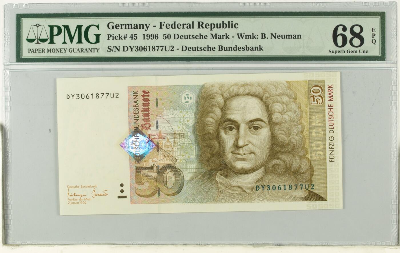《艾美收藏》第227期-1.3周六外币黄金场-马年首拍 德国1996年50马克PMG68E亚军分无4 冠军69分仅5张 建筑师约翰·巴塔萨·纽曼