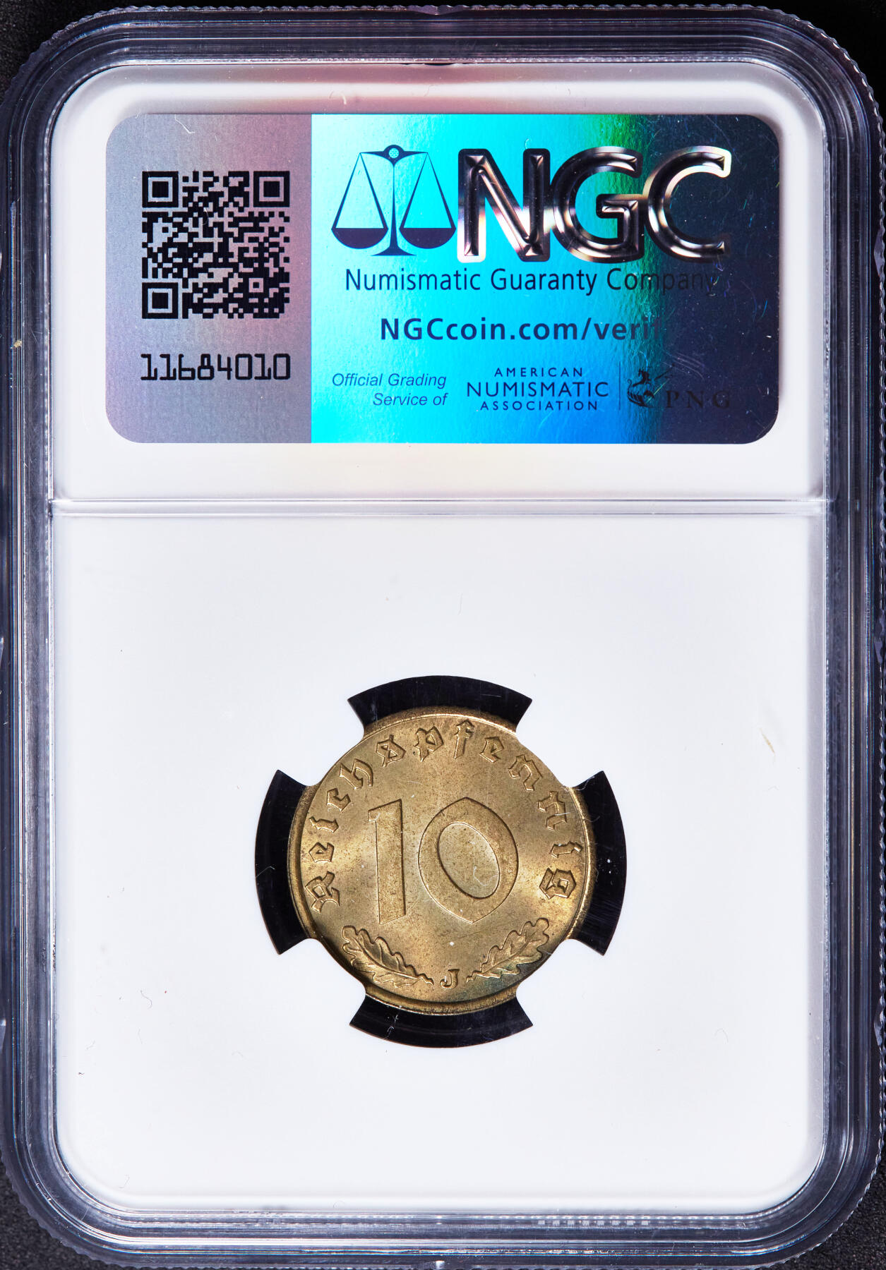 【俄甄集藏】2026年(046)01-07 星期三 晚 19:30 全场包邮 德国第三帝国1938年J版10芬尼铜币，NGC MS64，转光品相，原图联系客服或者查询相关官网查看