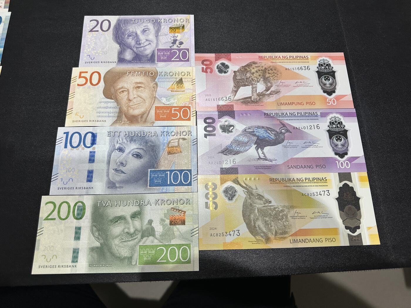 《外钞收藏家》第五百九十九期（畅拍场）（本平台长期征集拍品、欢迎藏友们联系合作） 瑞典最新版20-200克朗4张+菲律宾最新版50、100、500比索3张 一起 全新UNC