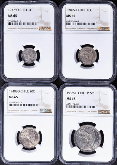 【俄甄集藏】2026年(046)01-07 星期三 晚 19:30 全场包邮 - 智利1933-1940年鹰版5分-1比索镍币4枚一组，NGC MS65，转光品相