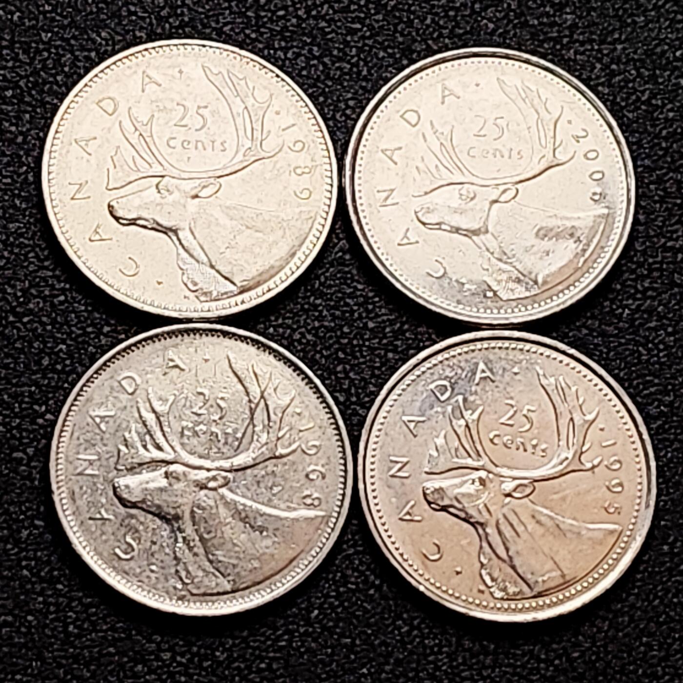 泉币菌-第160场-新年第三场 精品福利场 高币值 一加元 一组4枚 加拿大驯鹿1/4元 英国伊丽莎白二世女王像 23.9mm