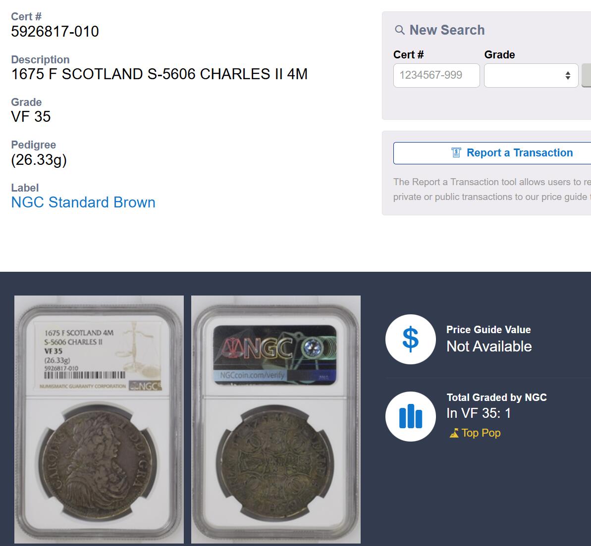博洋堂“岁启嘉年”2026新年精品大拍专场暨第155期（全场包邮） NGC VF35 苏格兰王国1675年查理二世4马克银币，40mm/26.33g，爱丁堡制。该年份4马克在国际拍卖中仅见4枚记录，而本枚为状态最佳的冠军级，国内目前仅此一枚，麦稀奇首见品种。早年以裸币状态于CNG购入，含佣成交价约3300美元（2.4万），完整留存当时拍卖与成交记录，来源清晰。尺寸接近克朗级，大版面，王像戎装清晰，盾徽饱满，上手存在感非常强，远非普通英国银币可比。