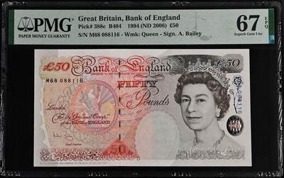 《艾美收藏》第227期-1.3周六外币黄金场-马年首拍 - 英国E序列初版1994年50镑PMG67E高分少见超靓倒置M68 088116 女王 Bailey签 Pick#388c