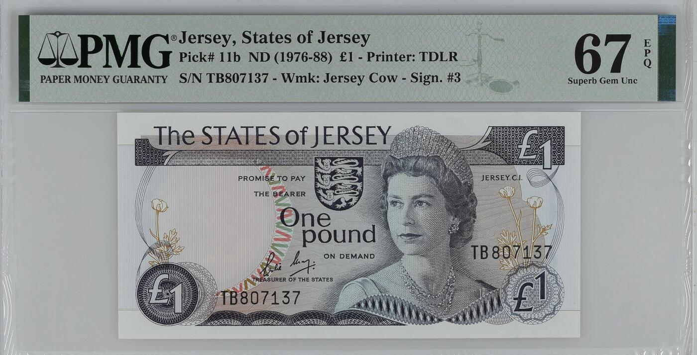 《艾美收藏》第227期-1.3周六外币黄金场-马年首拍 泽西1976-1988年1镑PMG67E亚军分无4 高冠女王非常漂亮 女王钞小精品